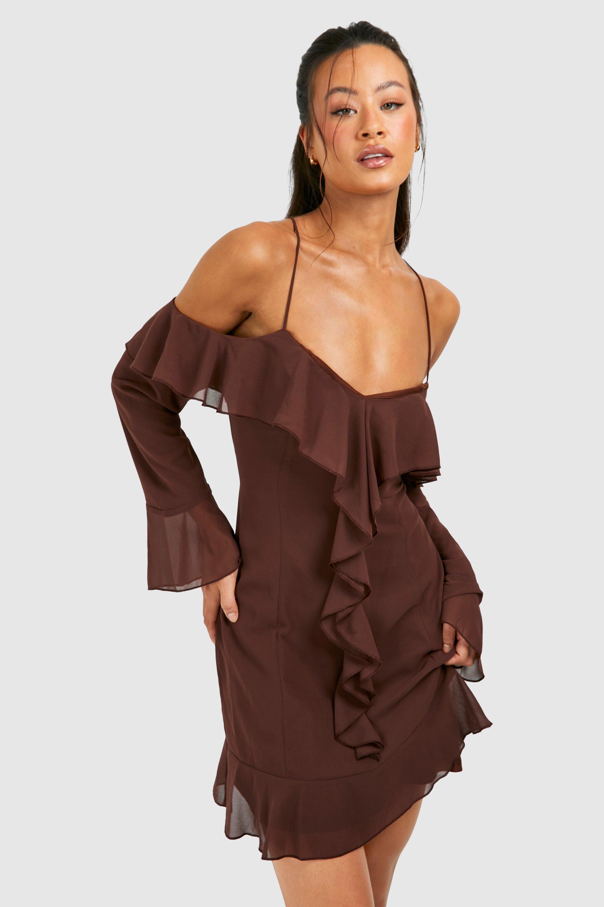 Tall Chiffon Ruffle Off The Shoulder Mini Dress - Brown - 8