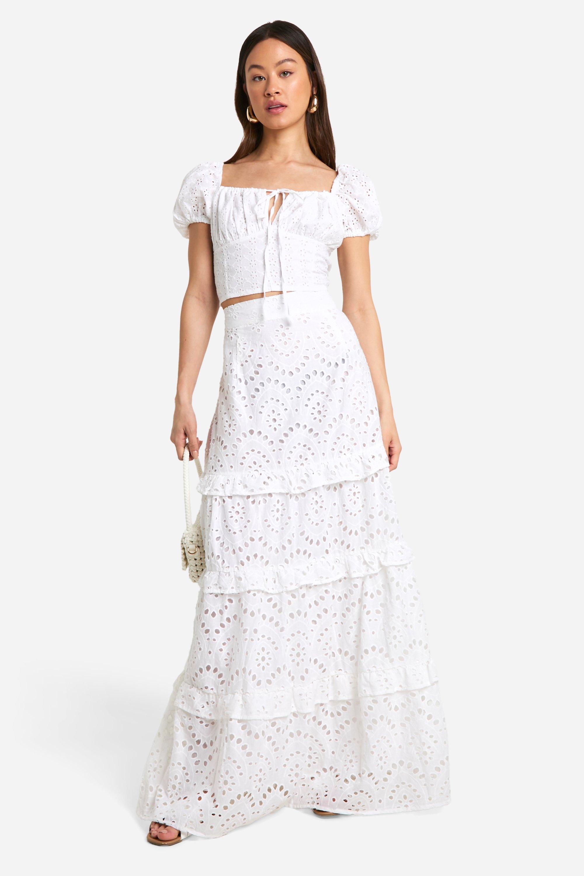 Boohoo Tall Broderie Tiered Maxi Skirt, White