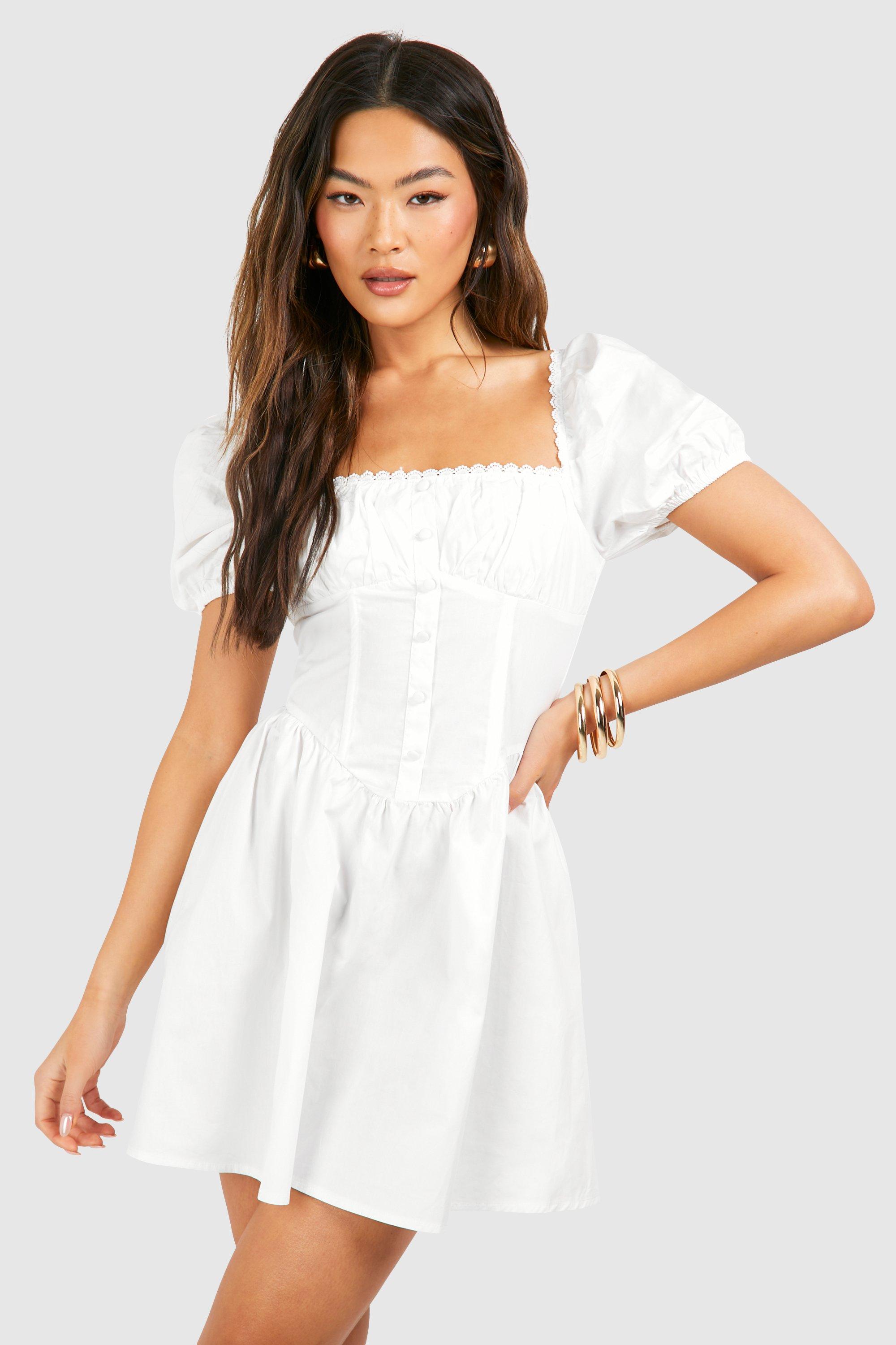 Image of Puff Sleeve Cotton Rouched Milkmaid Mini Dress, Bianco
