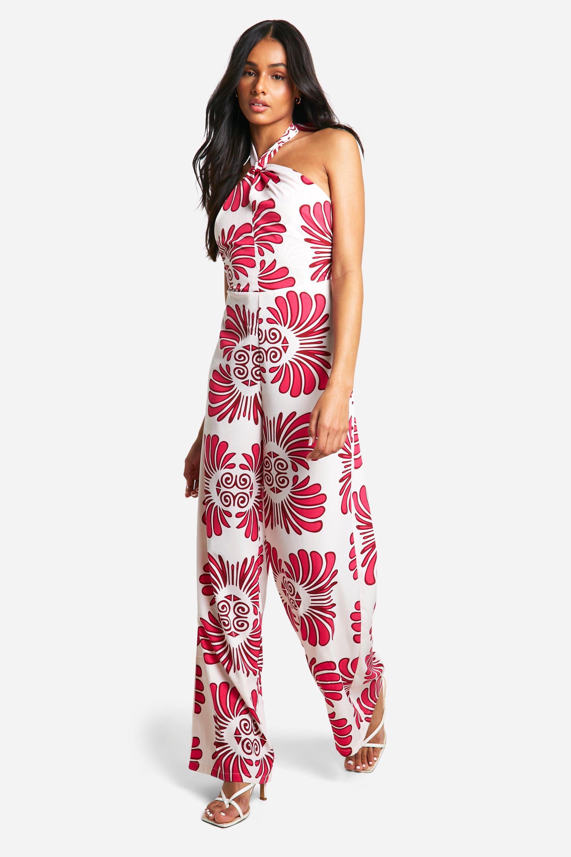 Image of Tall Tropical Printed Halterneck Jumpsuit, Rosso