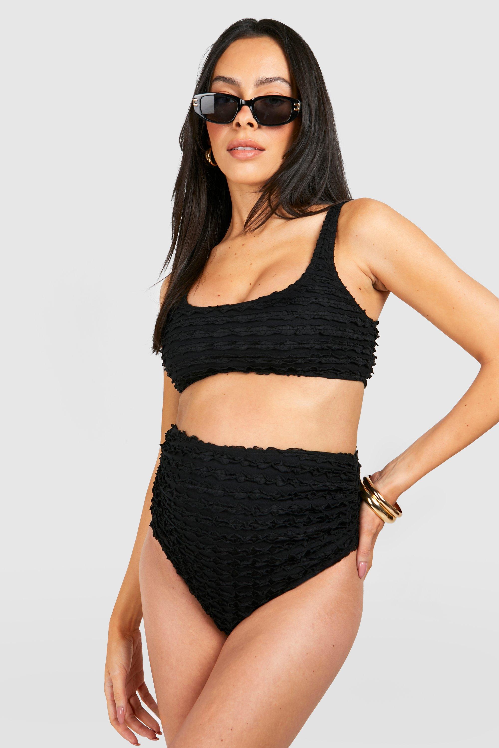 Maternity Textured Ruffle High Waist Bikini Set - Black - 12