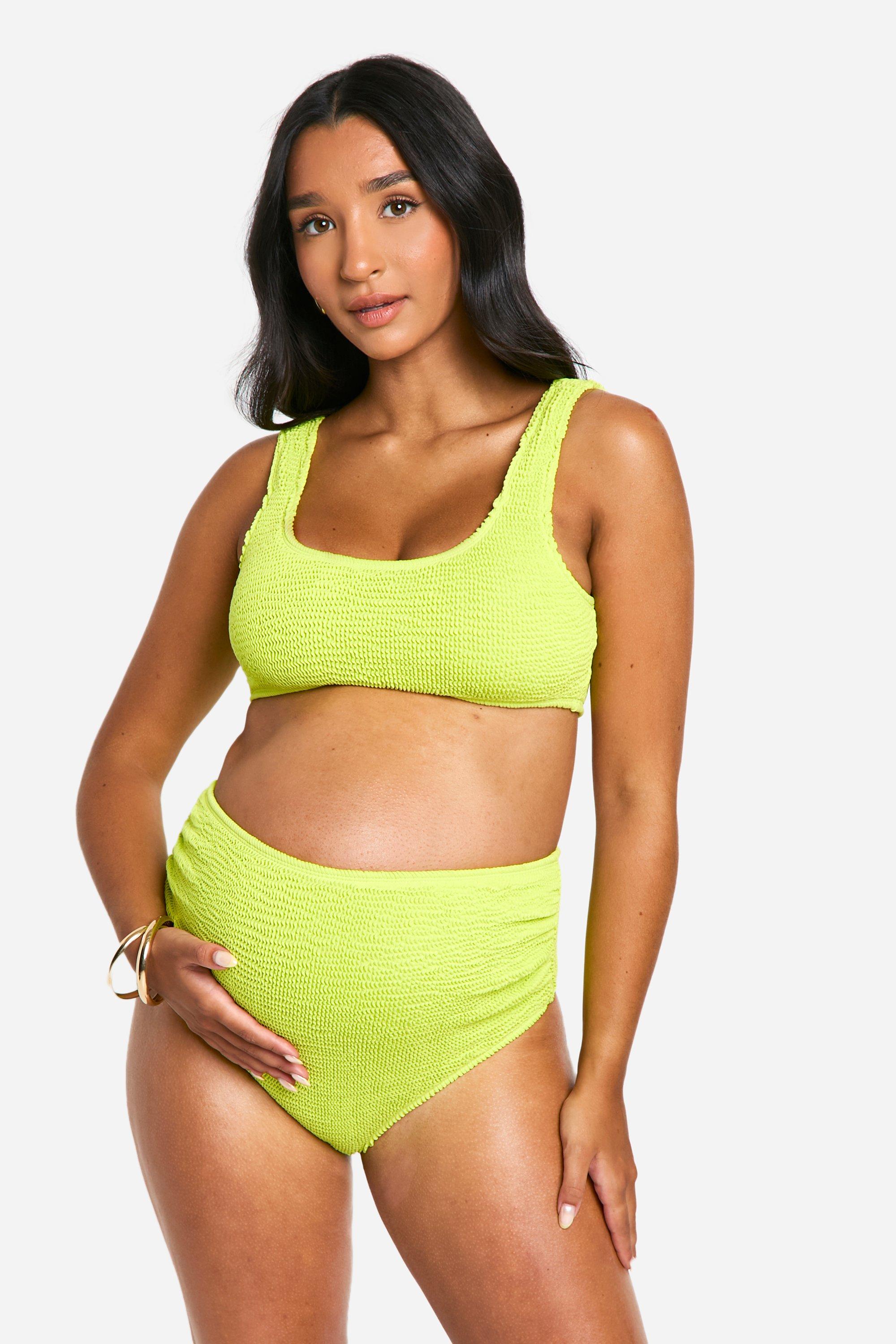 Boohoo Zwangerschap Gekreukelde High Waist Bikini Set Met Lage Ronde Hals, Lime