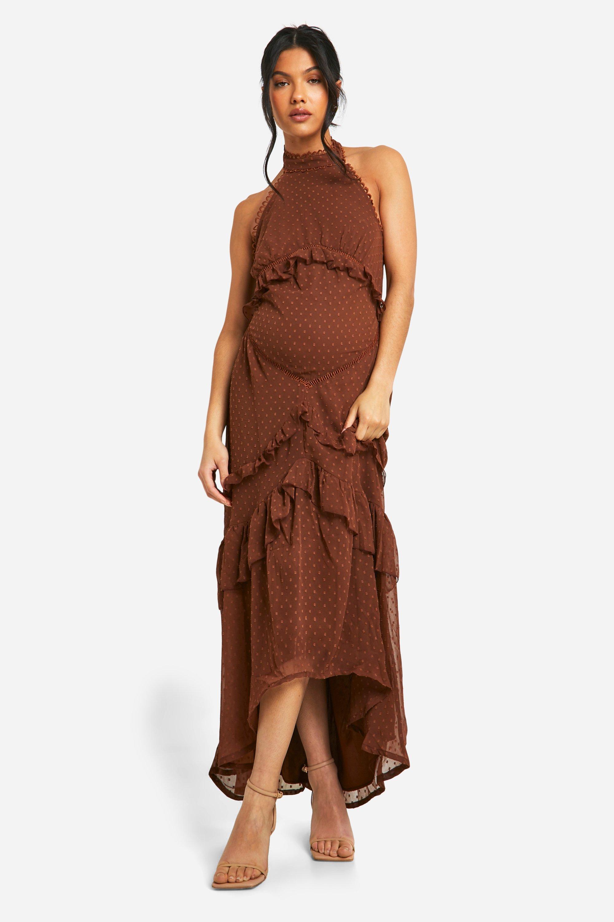 Boohoo Maternity Dobby Halterneck Maxi Dress, Chocolate