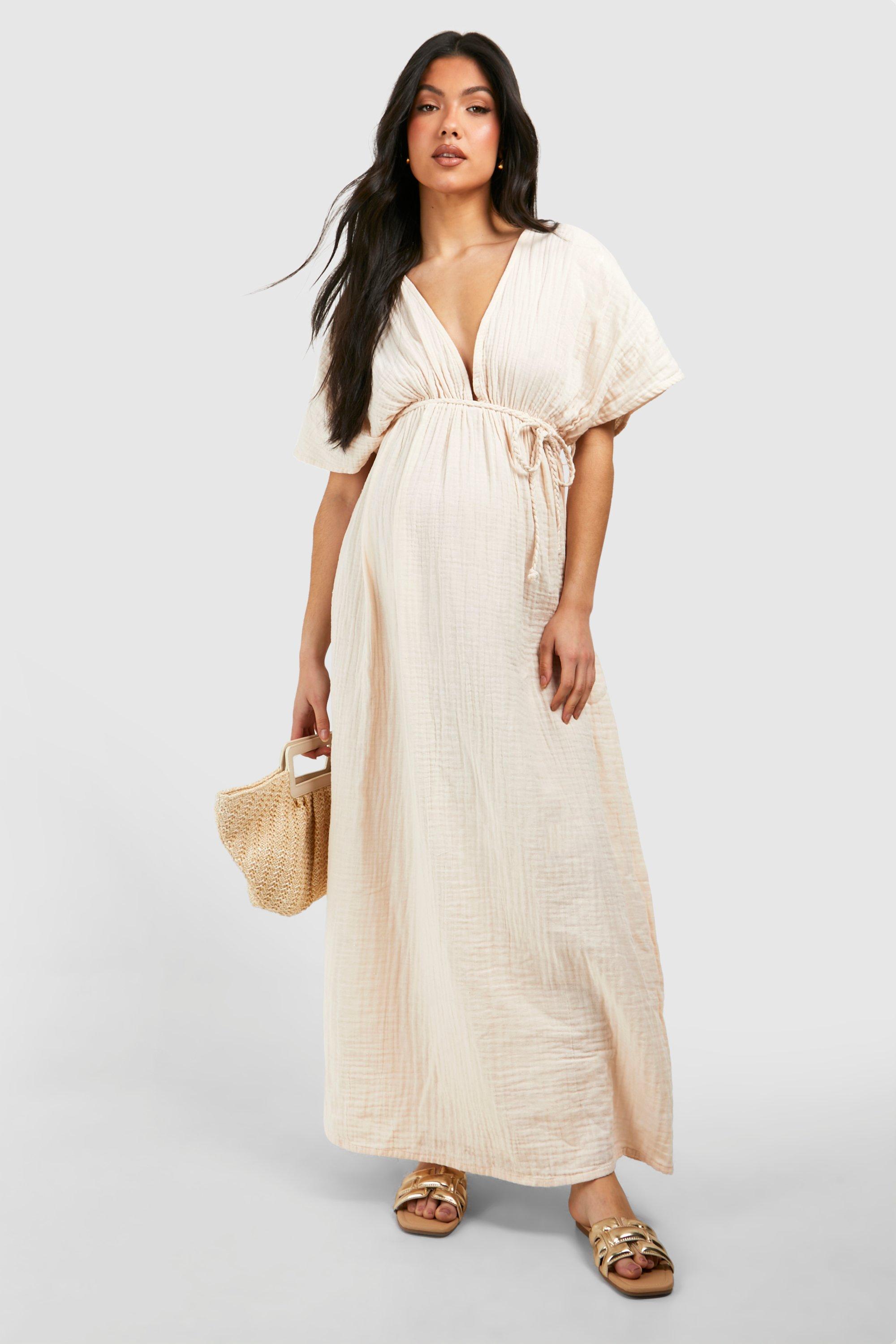 Boohoo Zwangerschap Kaasdoek Maxi Strand Jurk Met Ceintuur, Stone