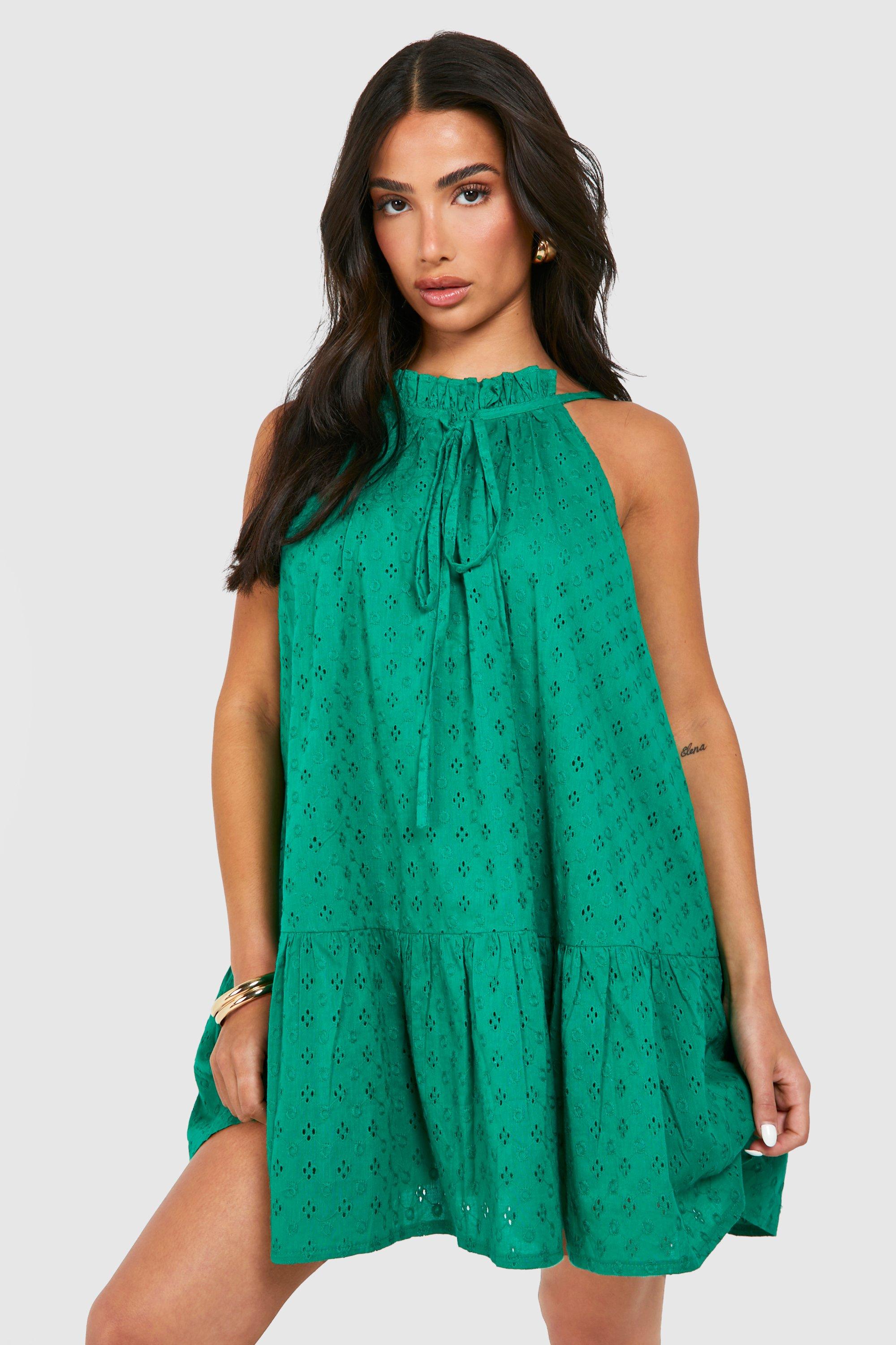 Boohoo Petite Broderie Mini Dress, Green
