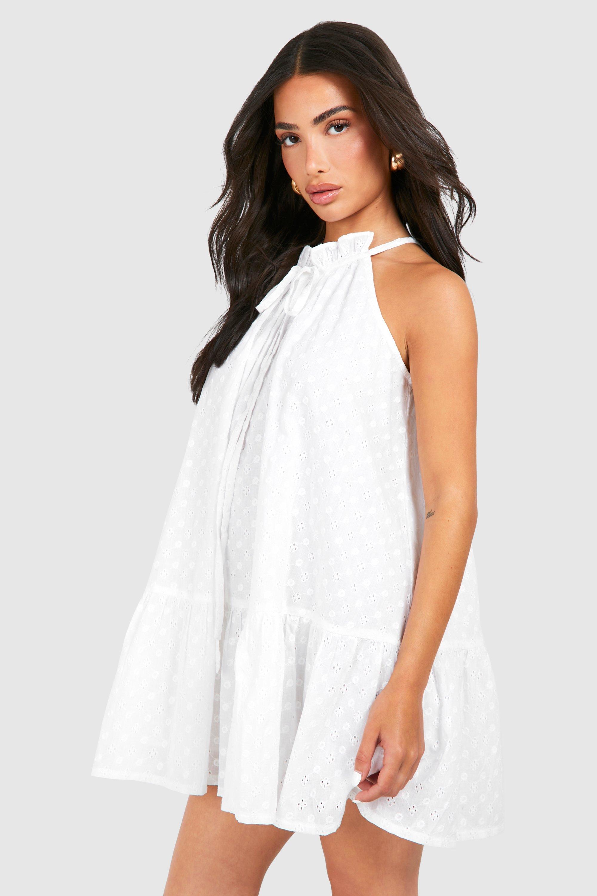 Boohoo Petite Broderie Mini Dress, White