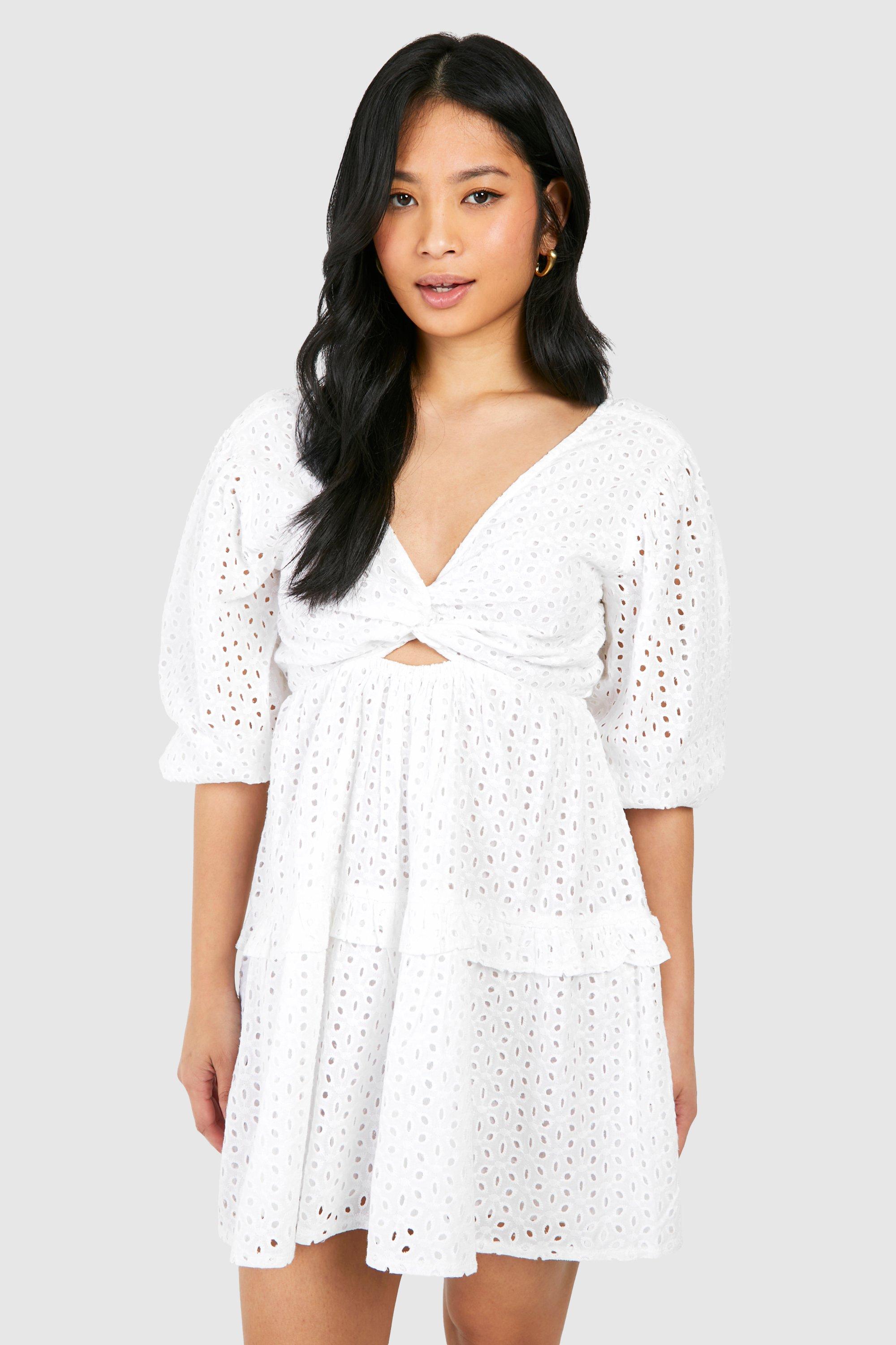 Boohoo Petite Broderie Puff Sleeve Mini Dress, White