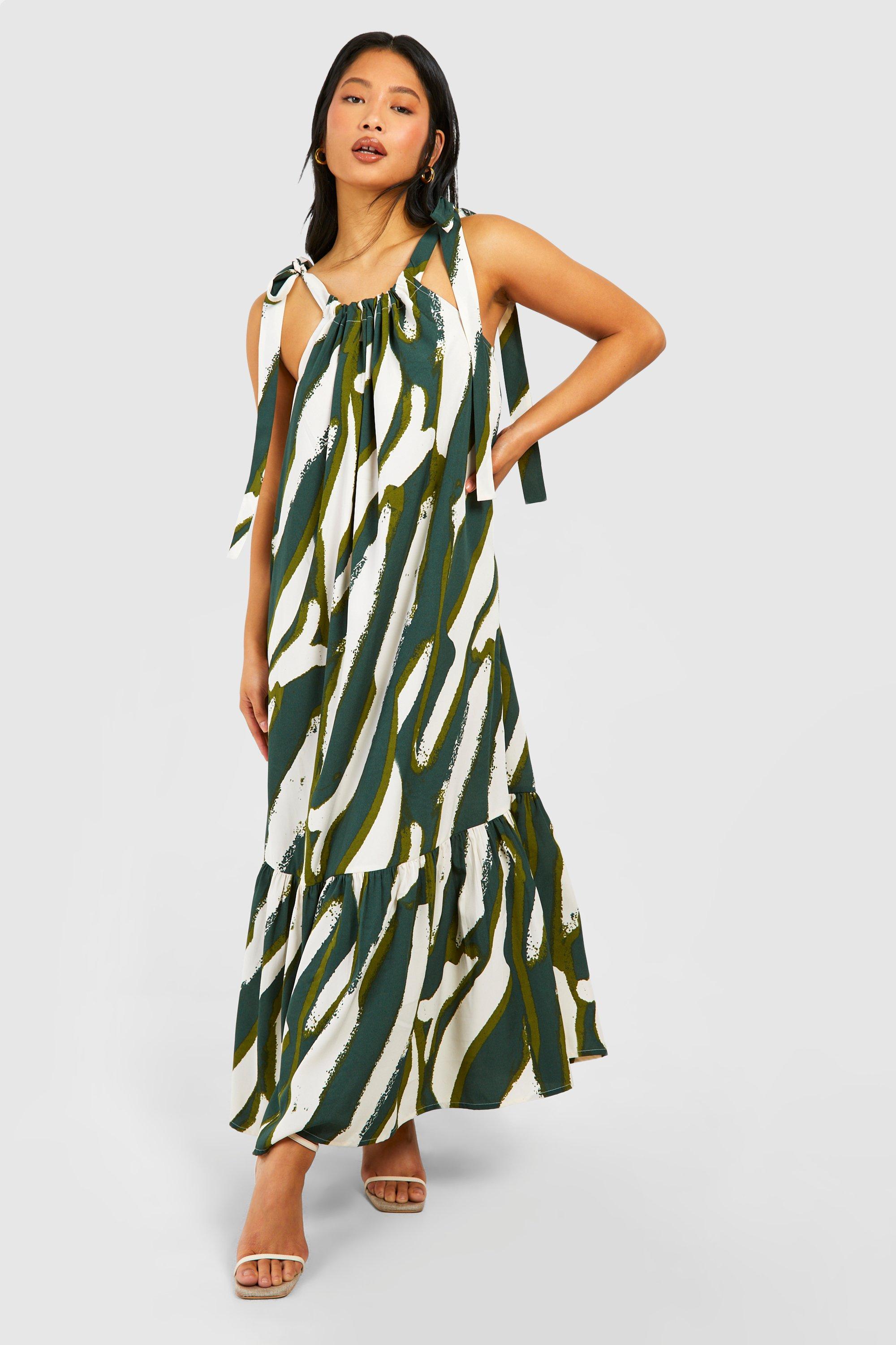 Image of Petite Printed Tie Shoulder Maxi Dress, Verde