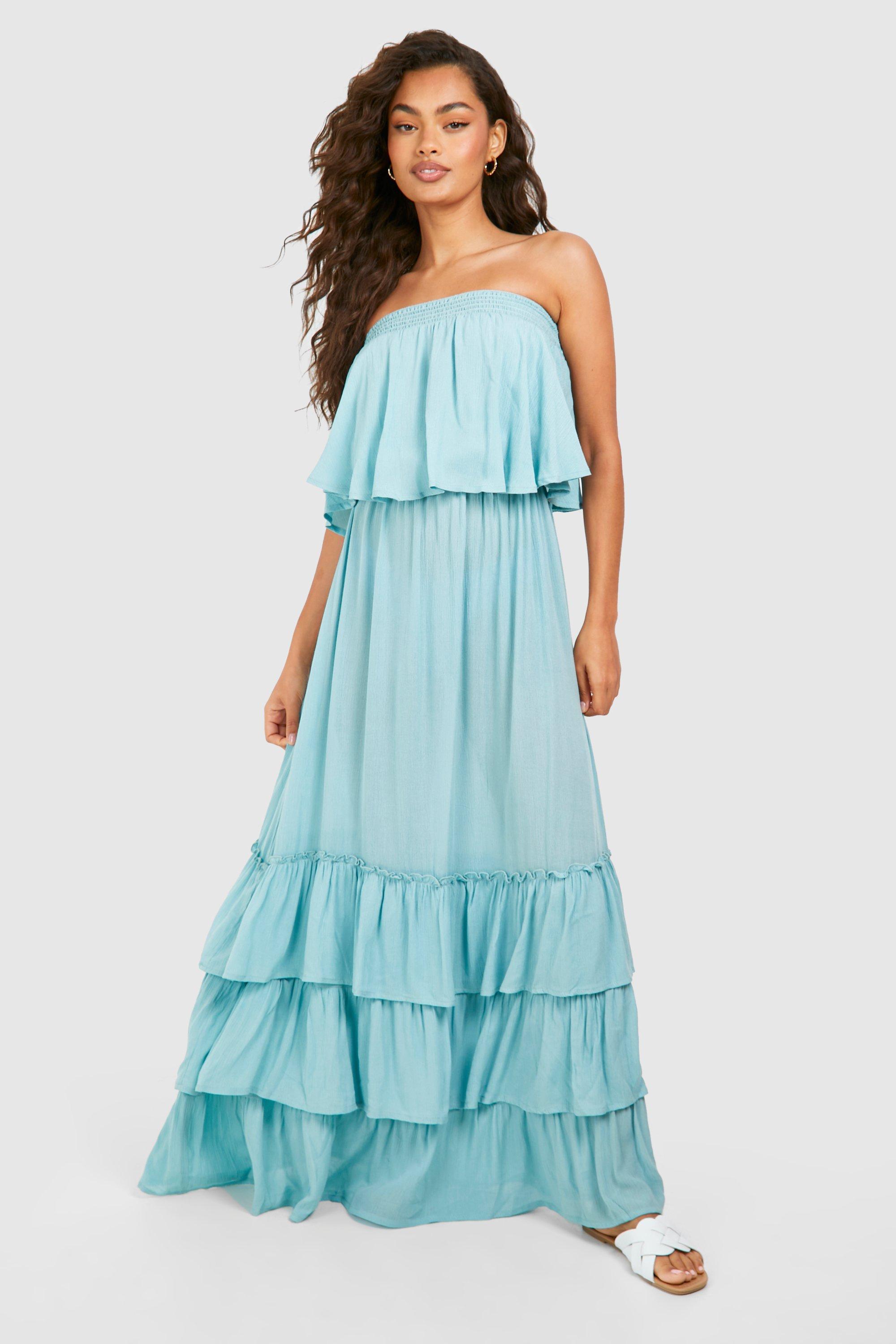 Womens Bandeau Ruffle Maxi Dress - Blue - 14, Blue