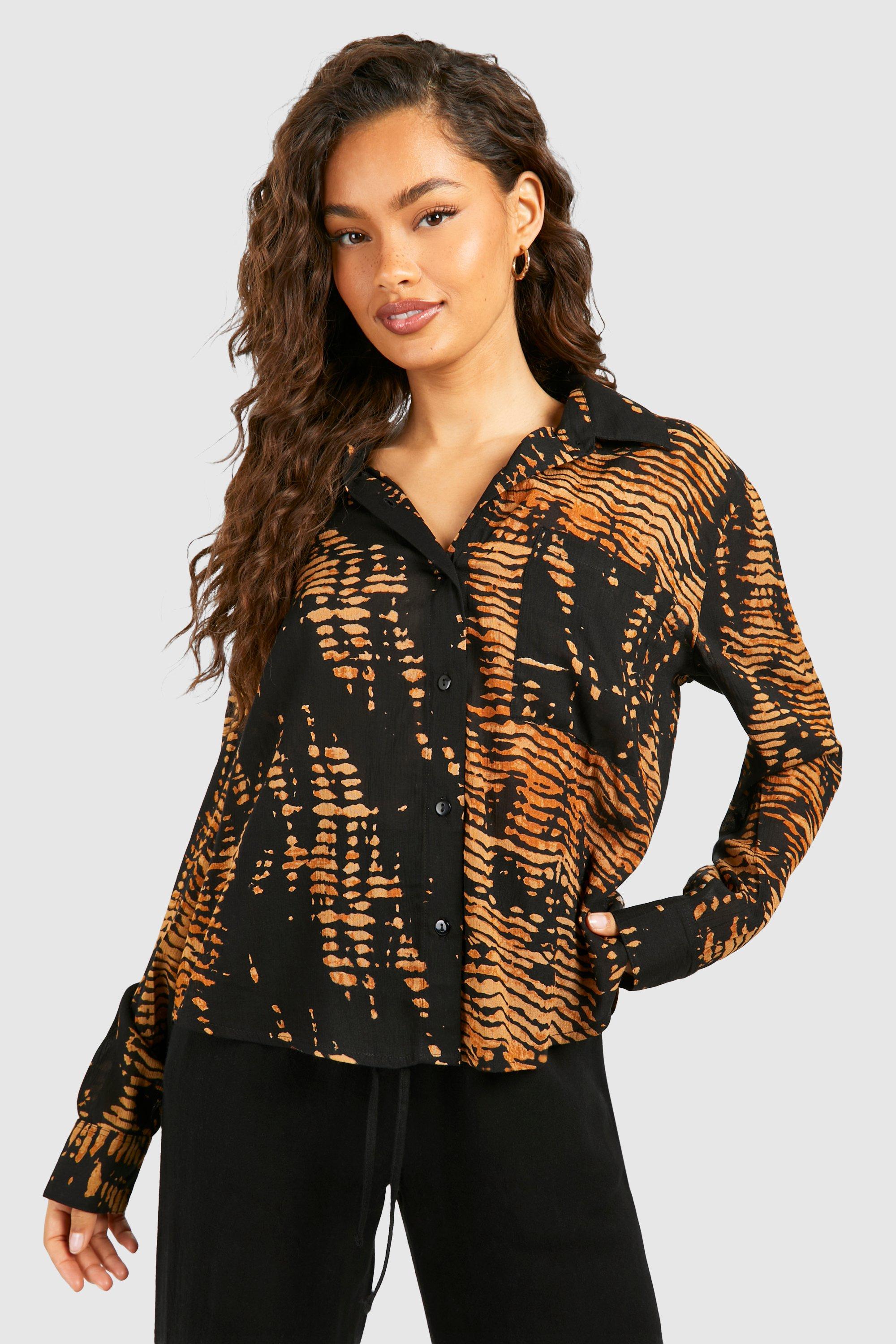 Image of Printed Long Sleeve Cheesecloth Shirt, Brown