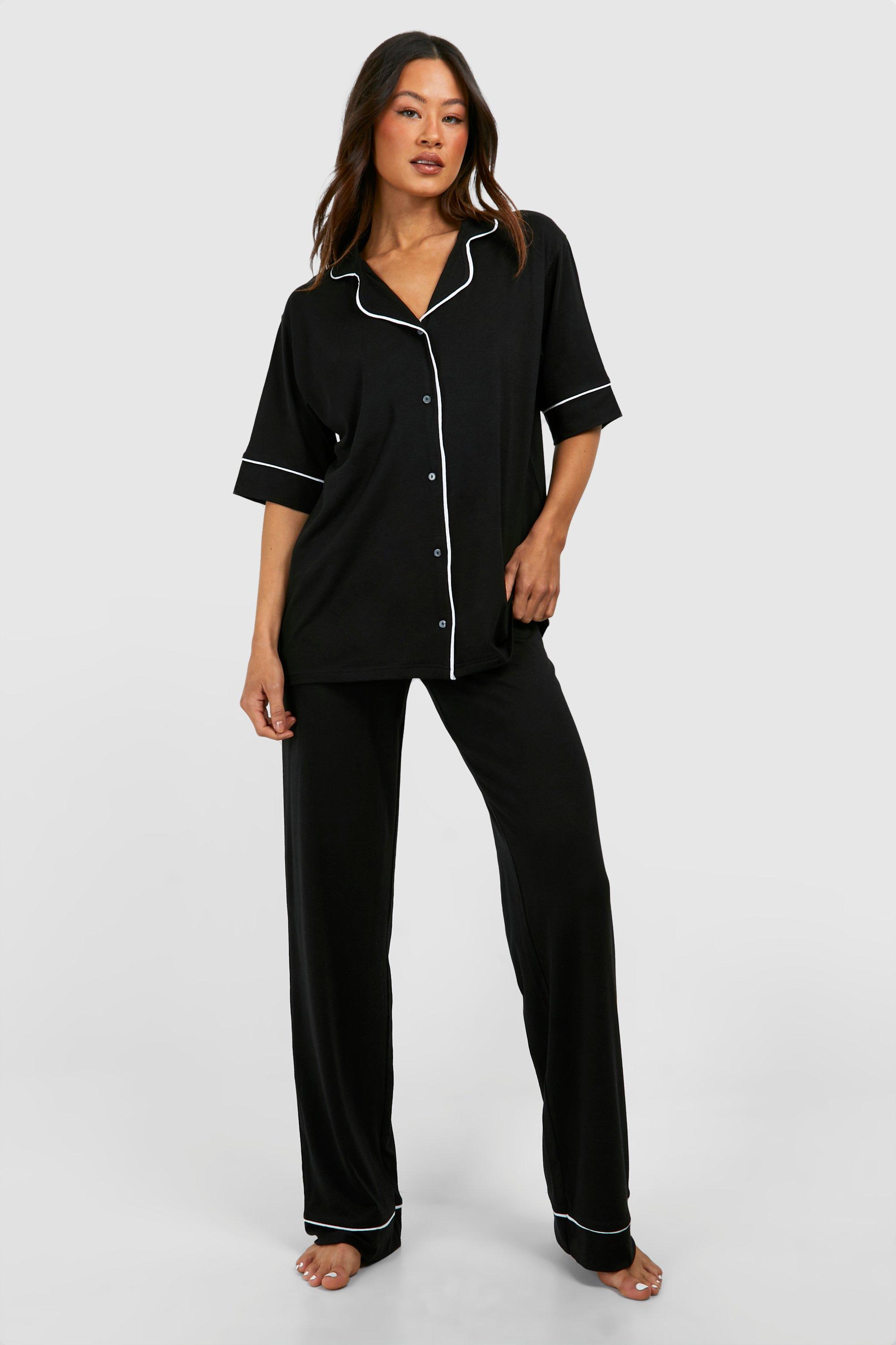 Womens Tall Jersey Piping Trouser Pj Set - Black - 12, Black