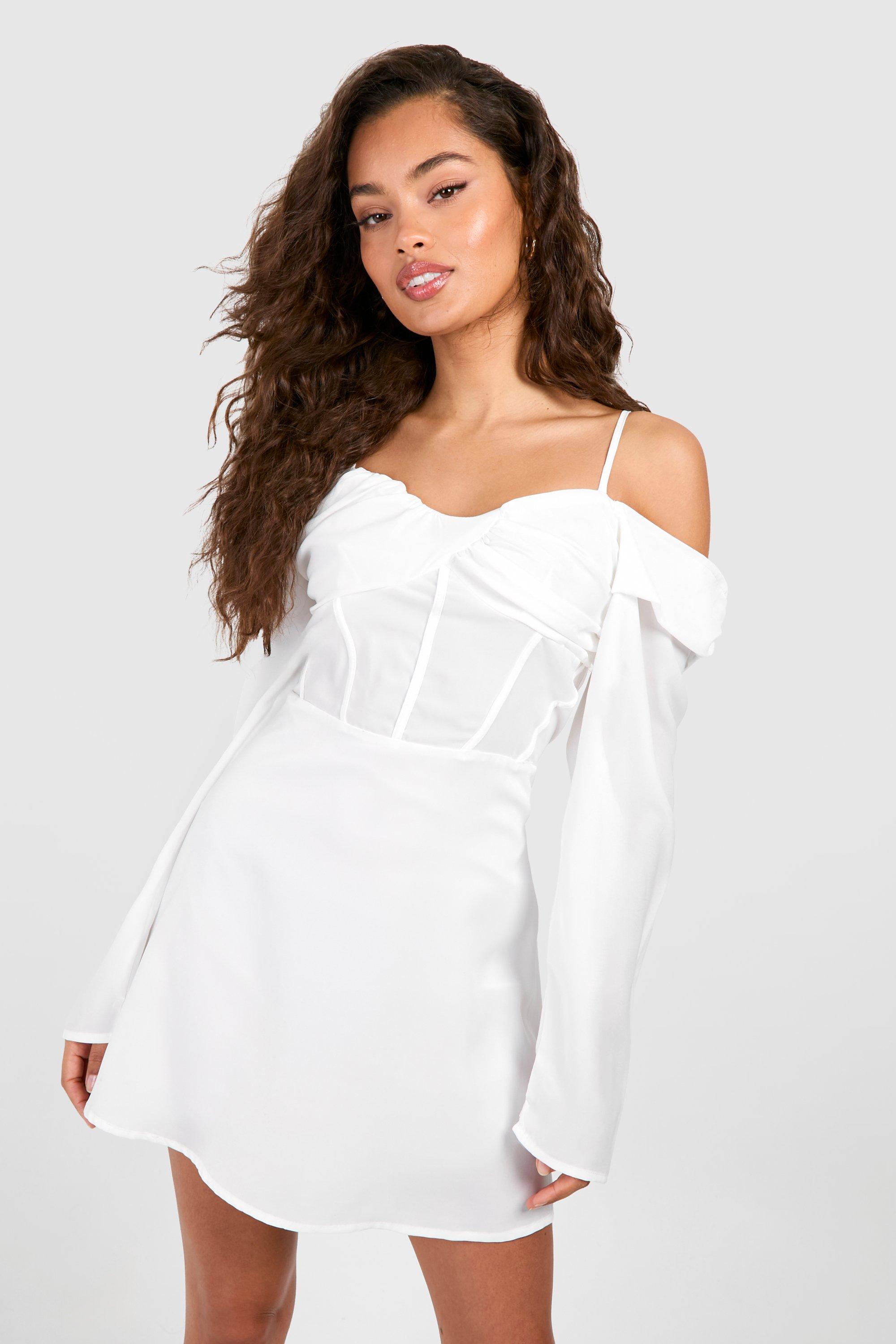 Satin Corset Detail Mini Dress - White - 14