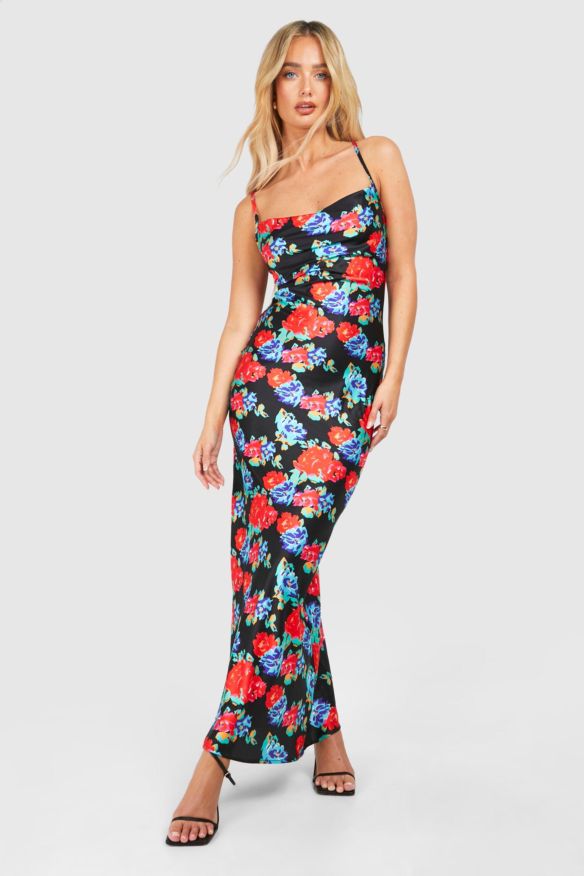 Image of Cowl Neck Floral Maxi Slip Dress, Nero