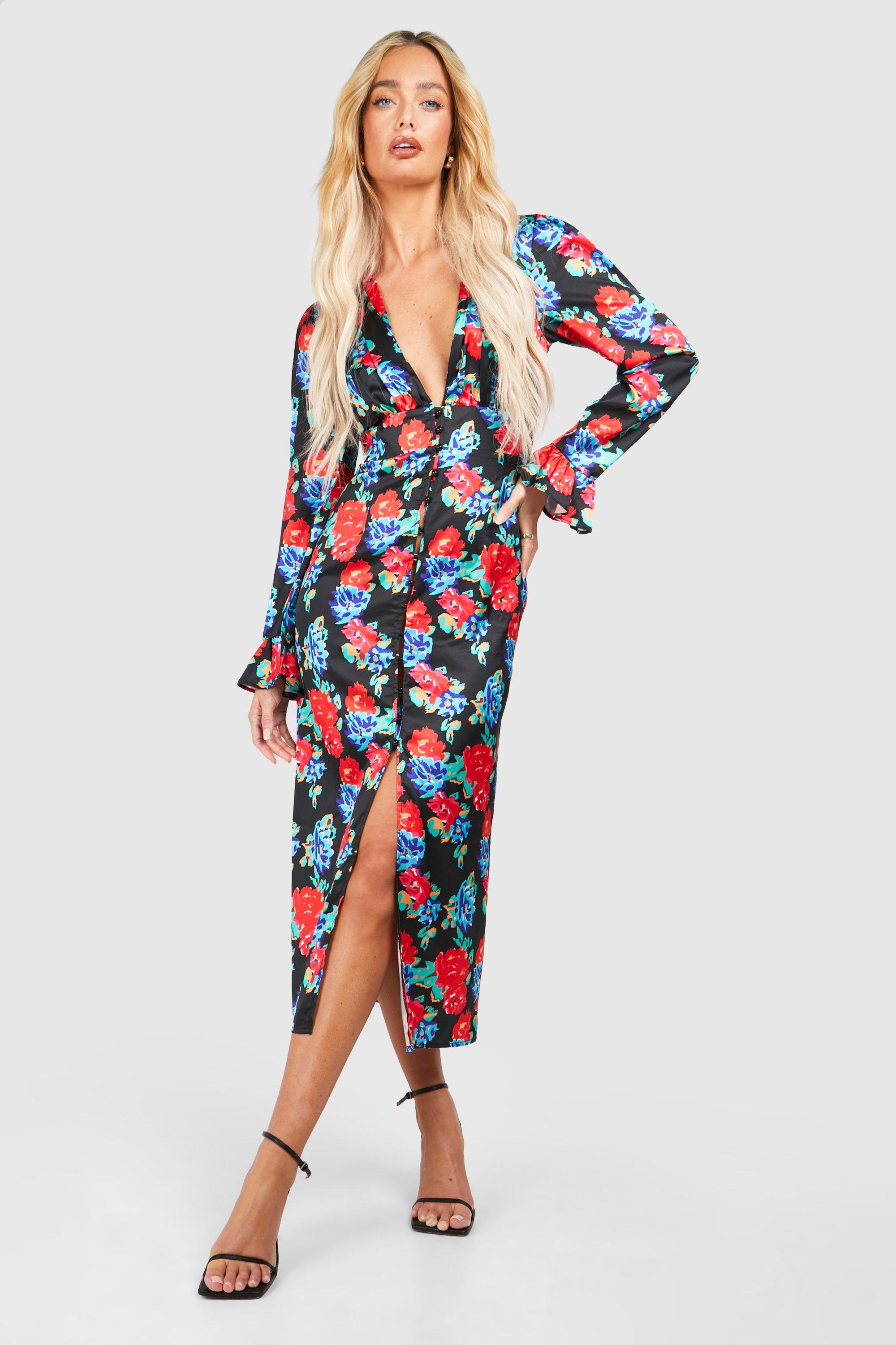 Image of Plunge Floral Flare Sleeve Midaxi Dress, Nero