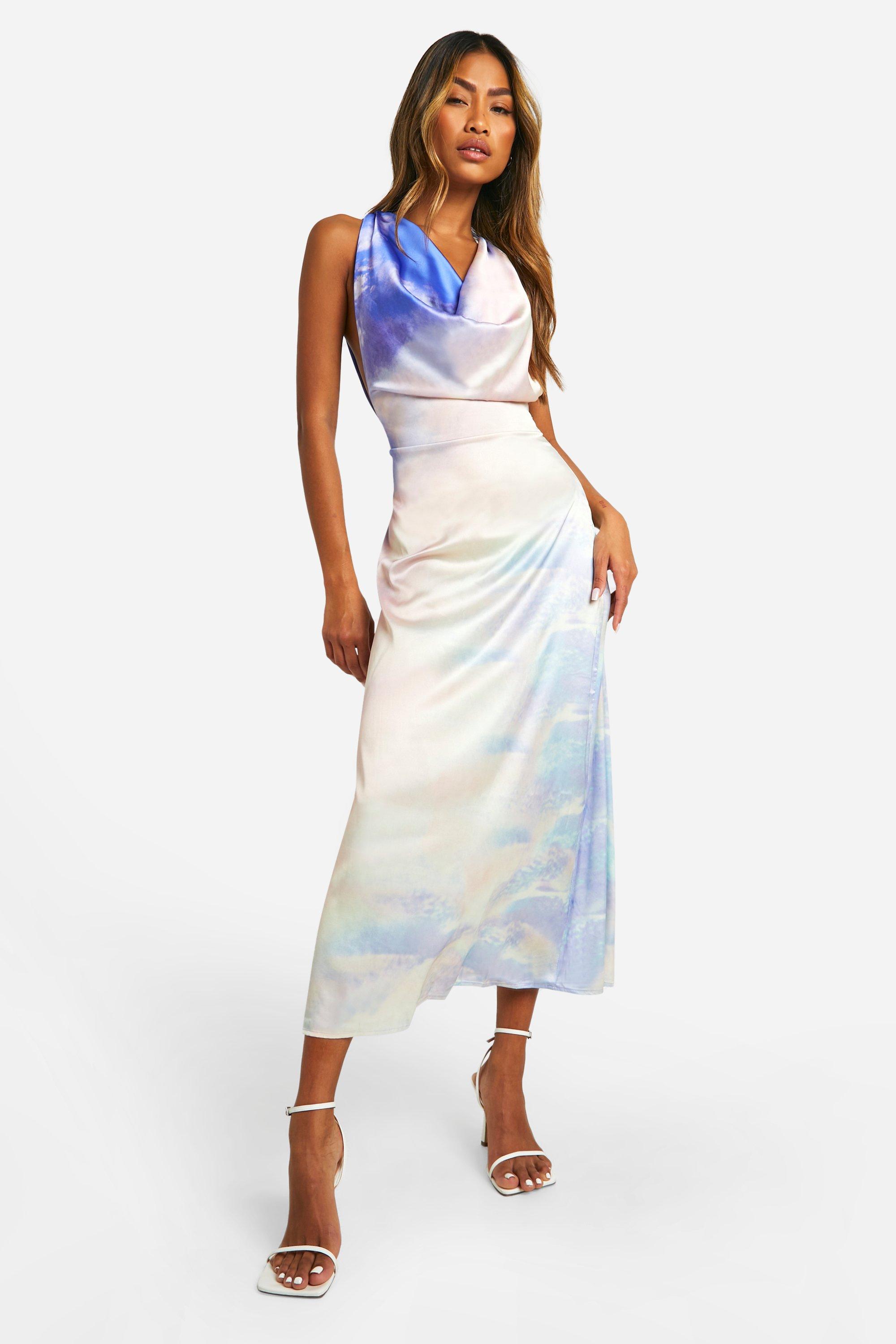 Image of Marble Print Cowl Neck Maxi Slip Dress 1, Purple