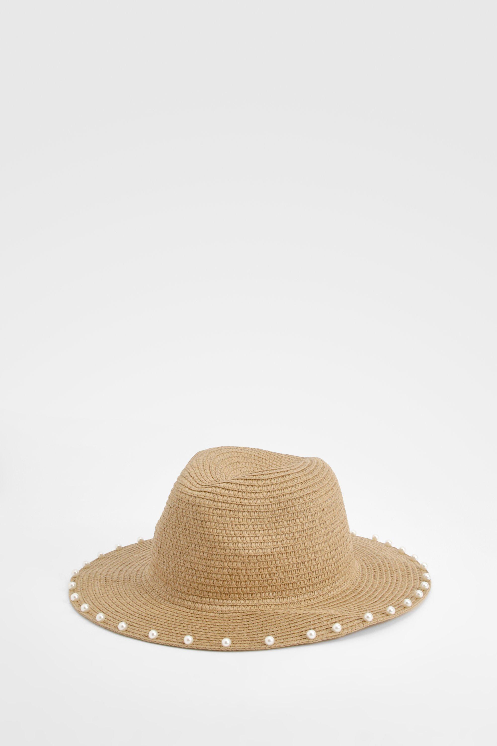 Image of Pearl Trim Straw Hat, Tan