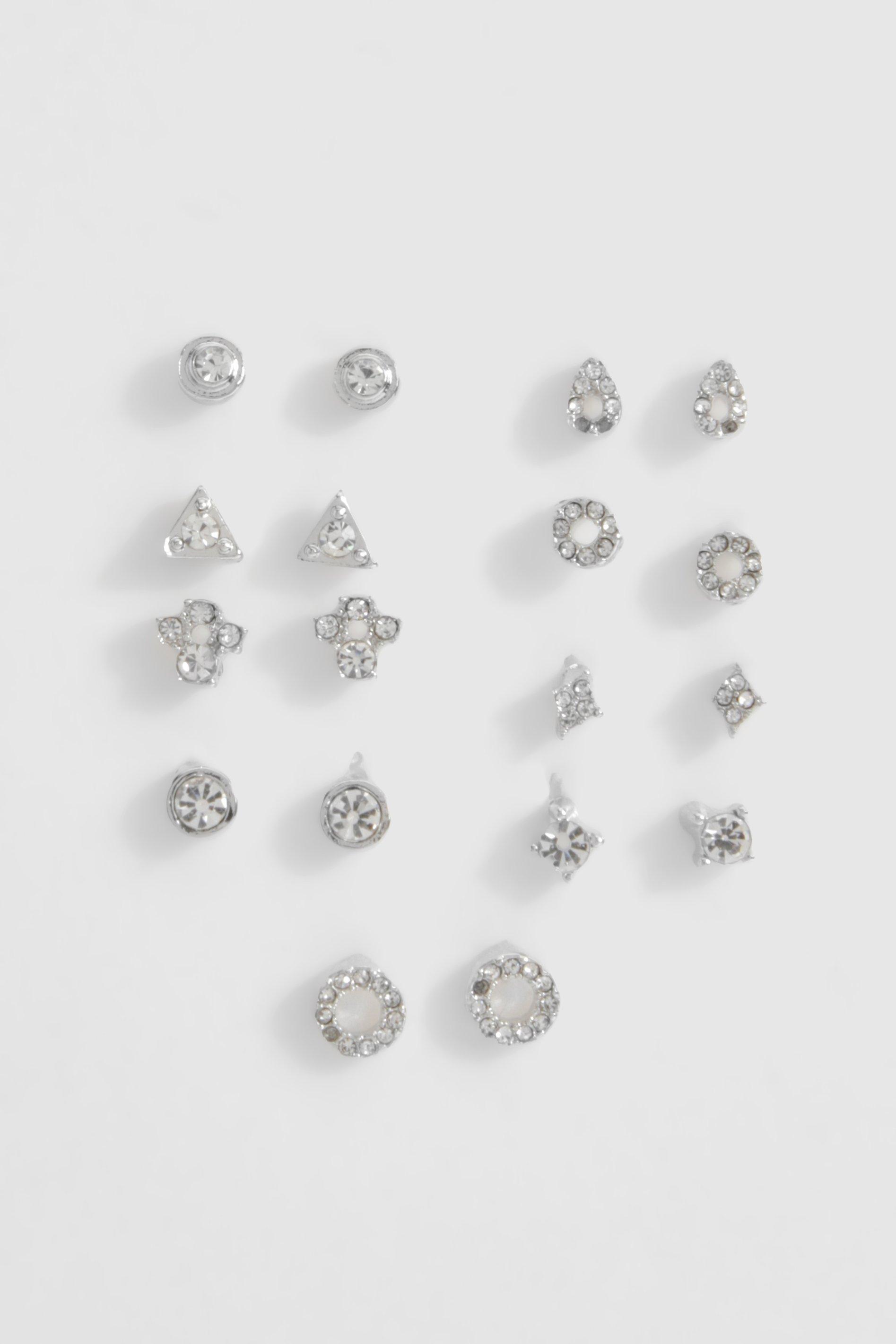 Womens Silver Embellished 9 Pack Earrings - Grey - One Size, Grey