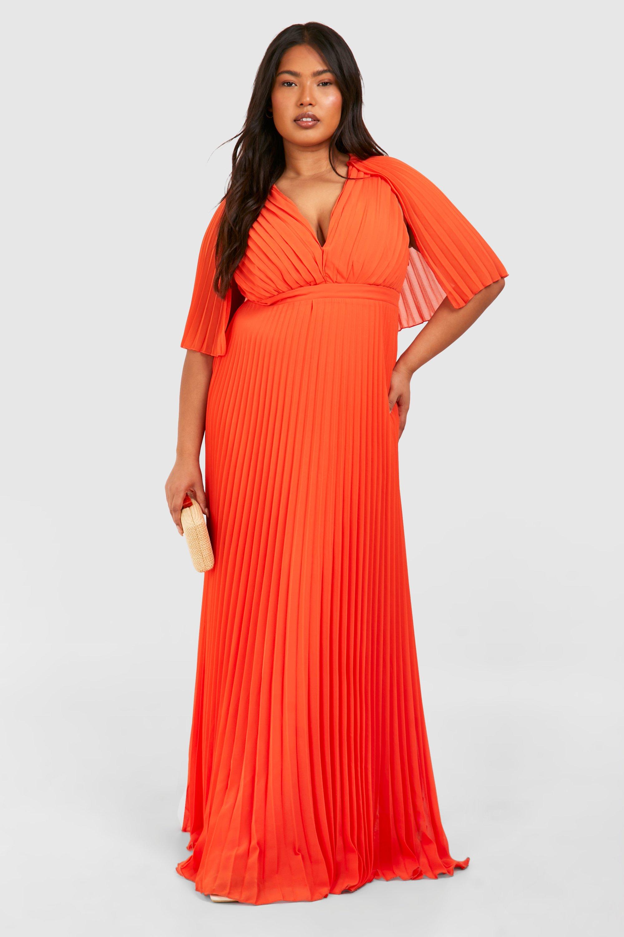 Boohoo Plus Pleated Cape Bridesmaid Maxi Dress, Orange