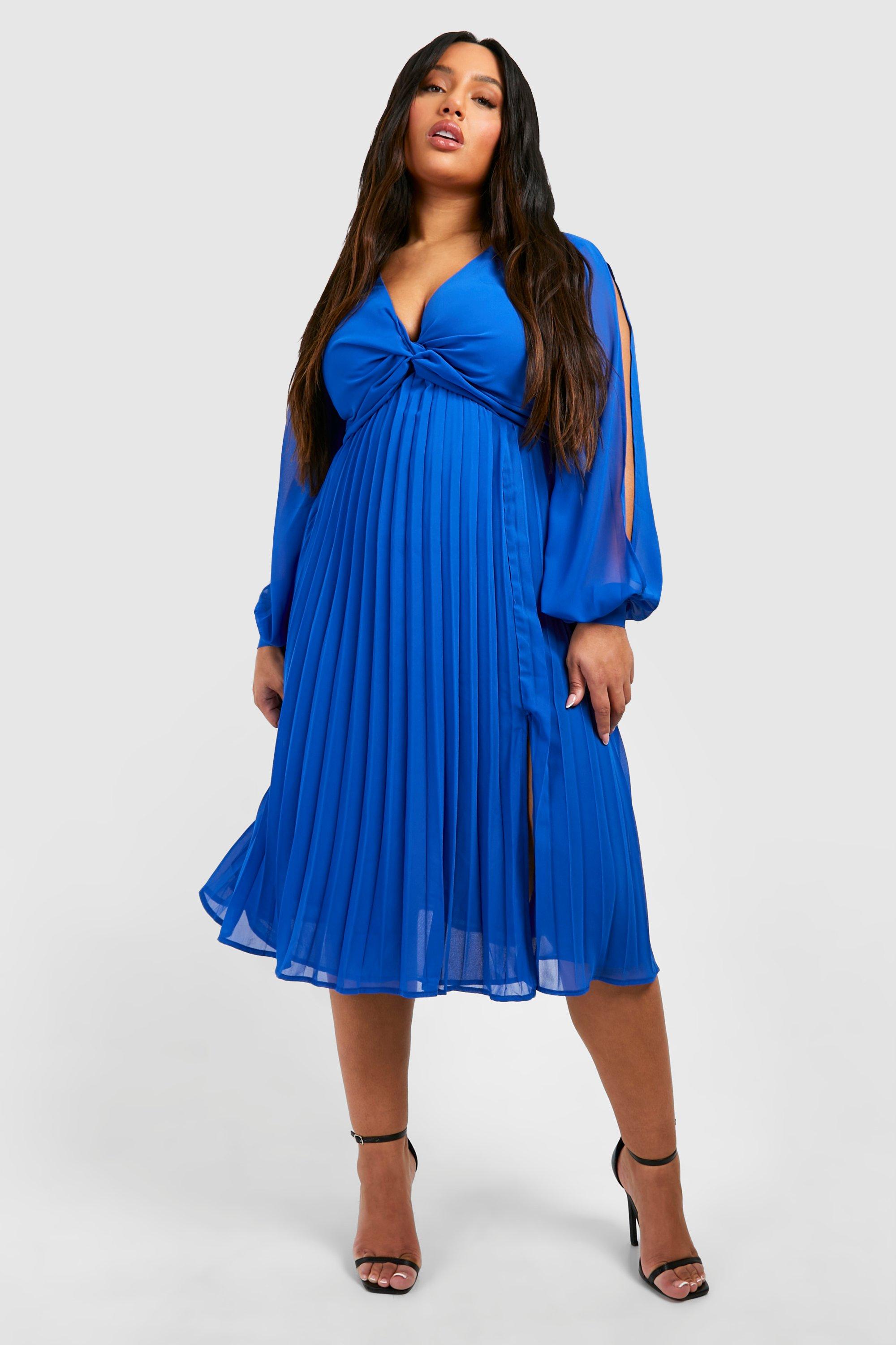 Womens Plus Chiffon Twist Front Pleated Midi Skater Dress - Blue - 16, Blue