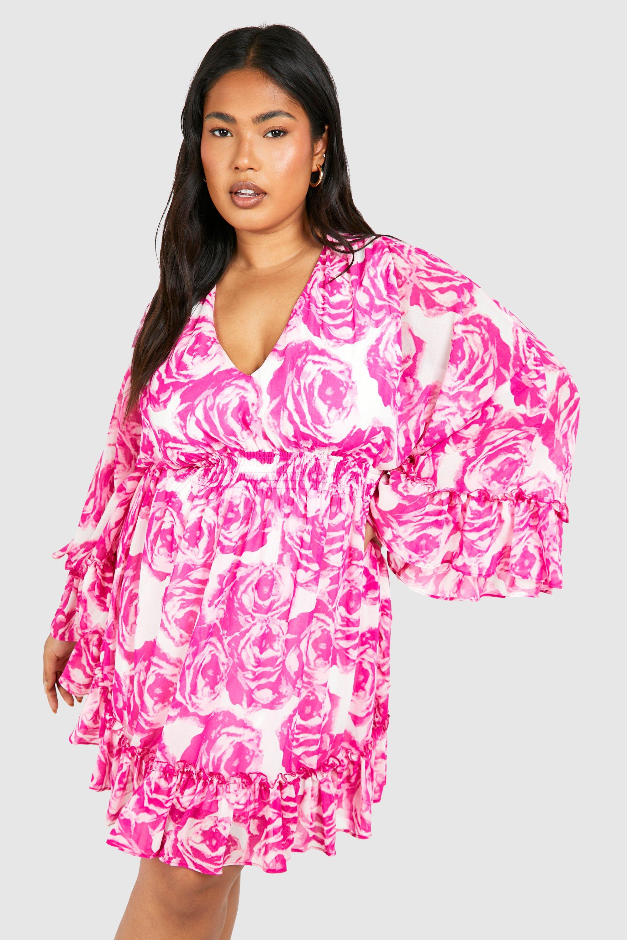 Image of Plus Floral Wrap Extreme Sleeve Smock Dress, Pink
