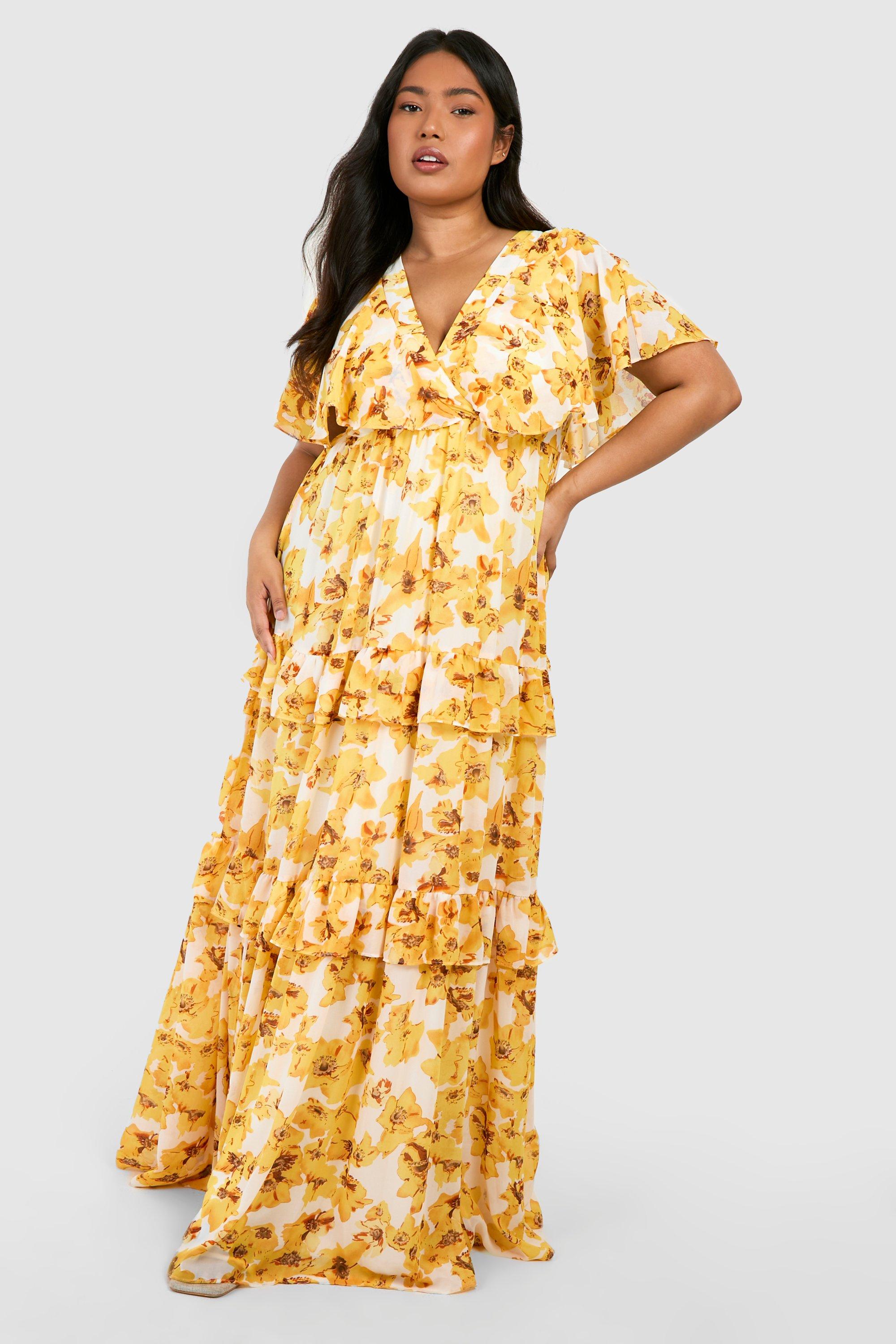 Image of Plus Floral Print Angel Sleeve Maxi Dress, Giallo