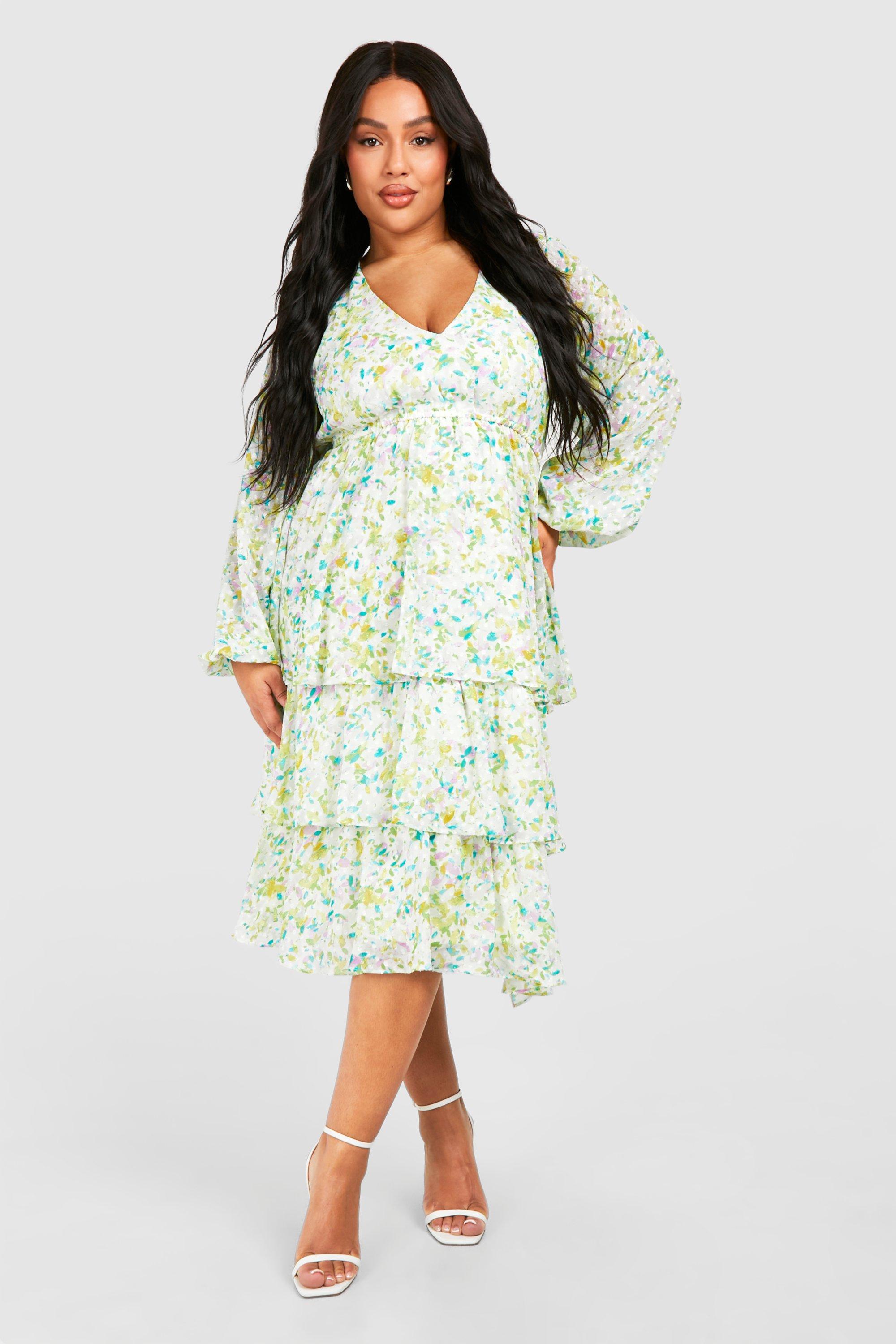 Image of Plus Dobby Floral Tiered Midi Skater Dress, Bianco