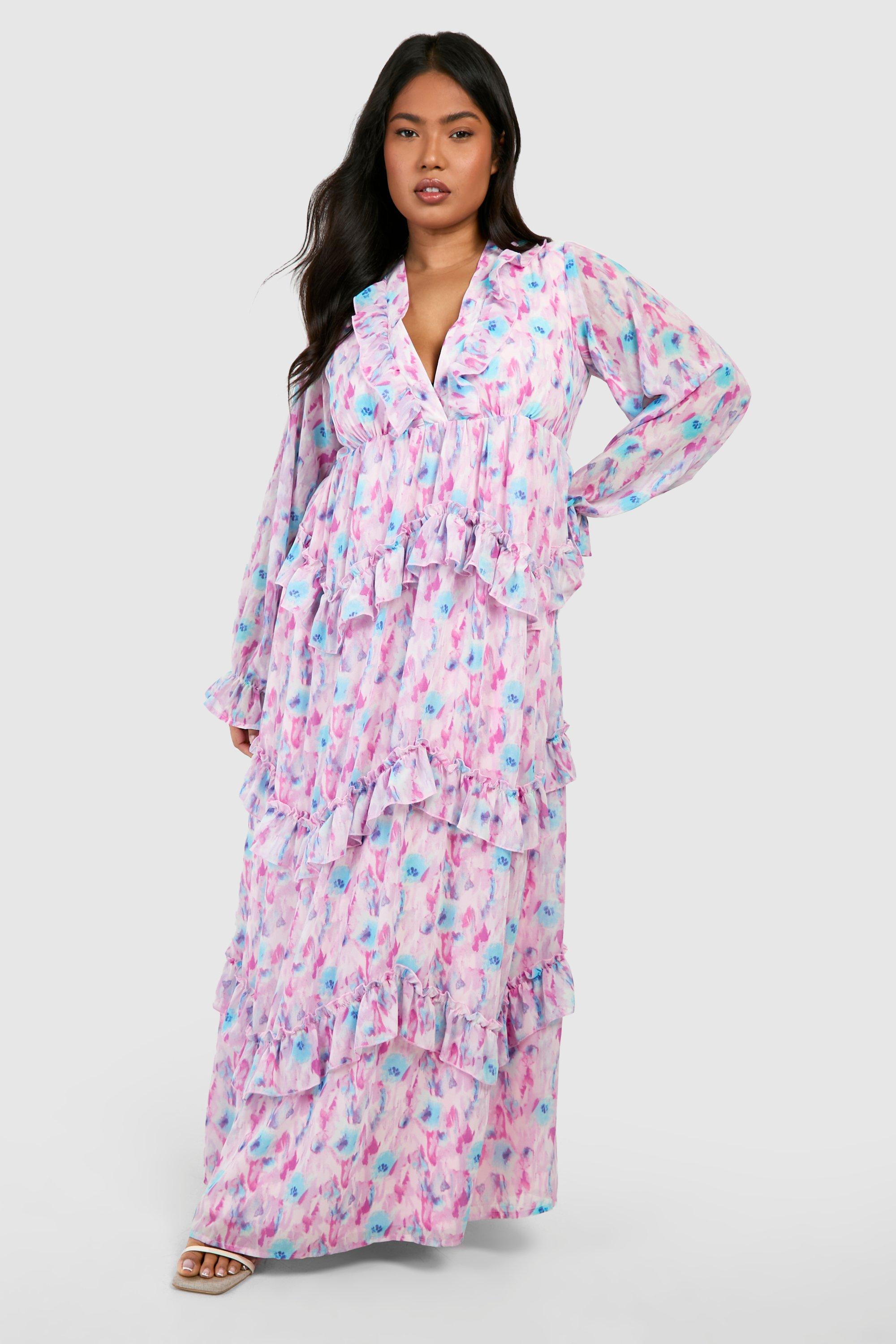 Image of Plus Blurred Floral Ruffle Maxi Dress, Pink