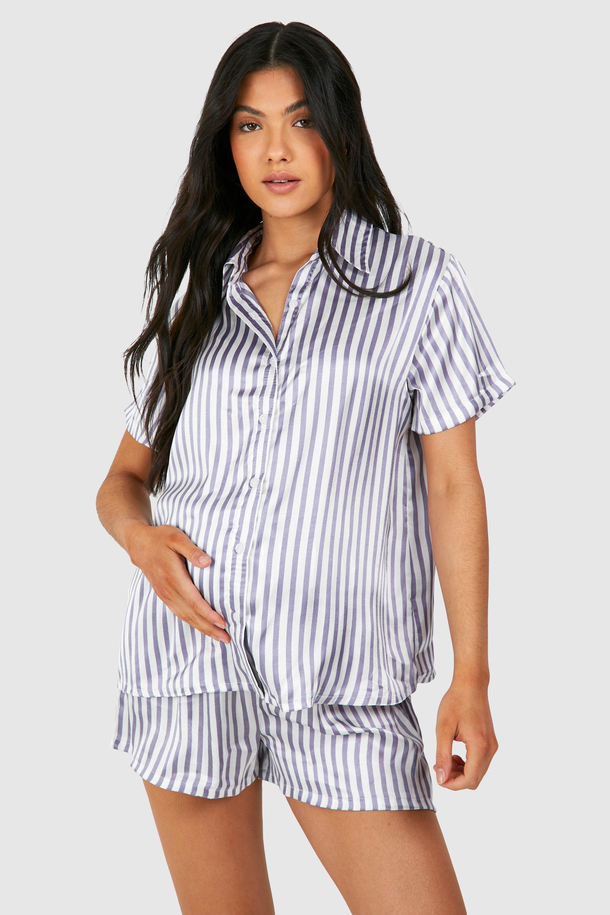 Image of Maternity Stripe Short Pajama Set, Azzurro