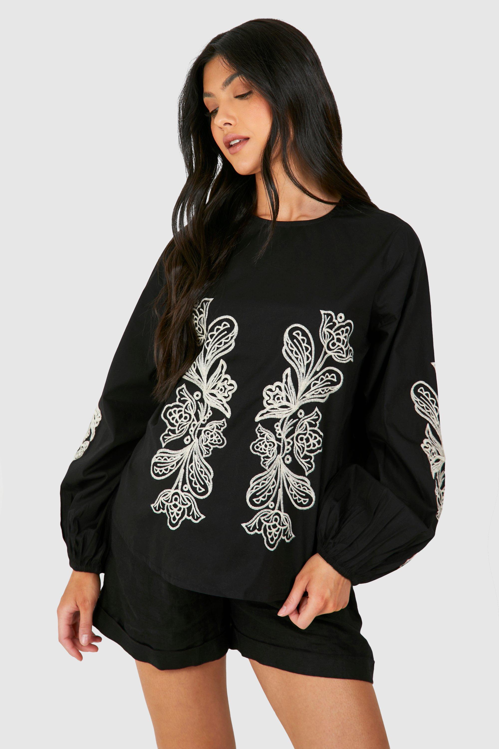Image of Maternity Embroidered Long Sleeve Smock Top, Nero