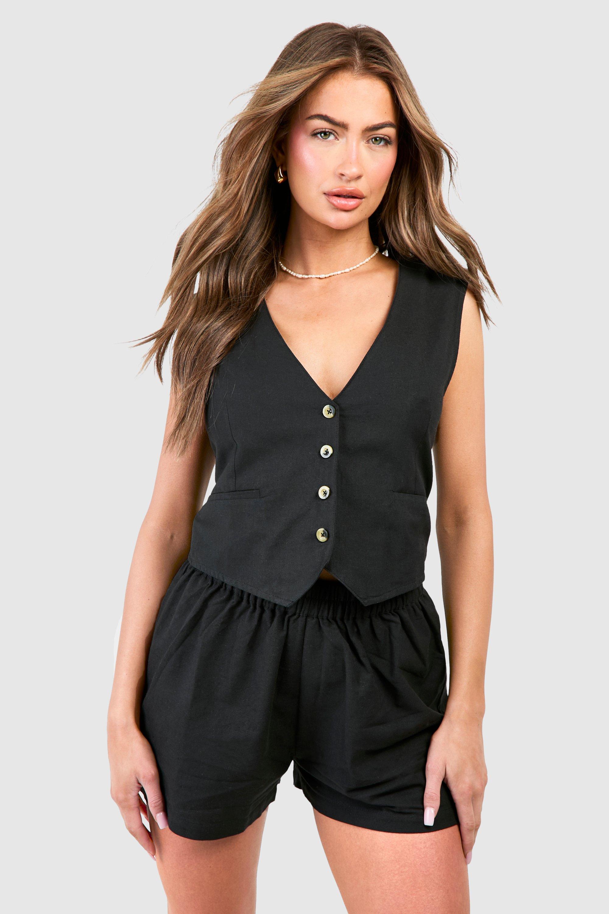 Linen Look Waistcoat & Relaxed Fit Shorts - Black - 16