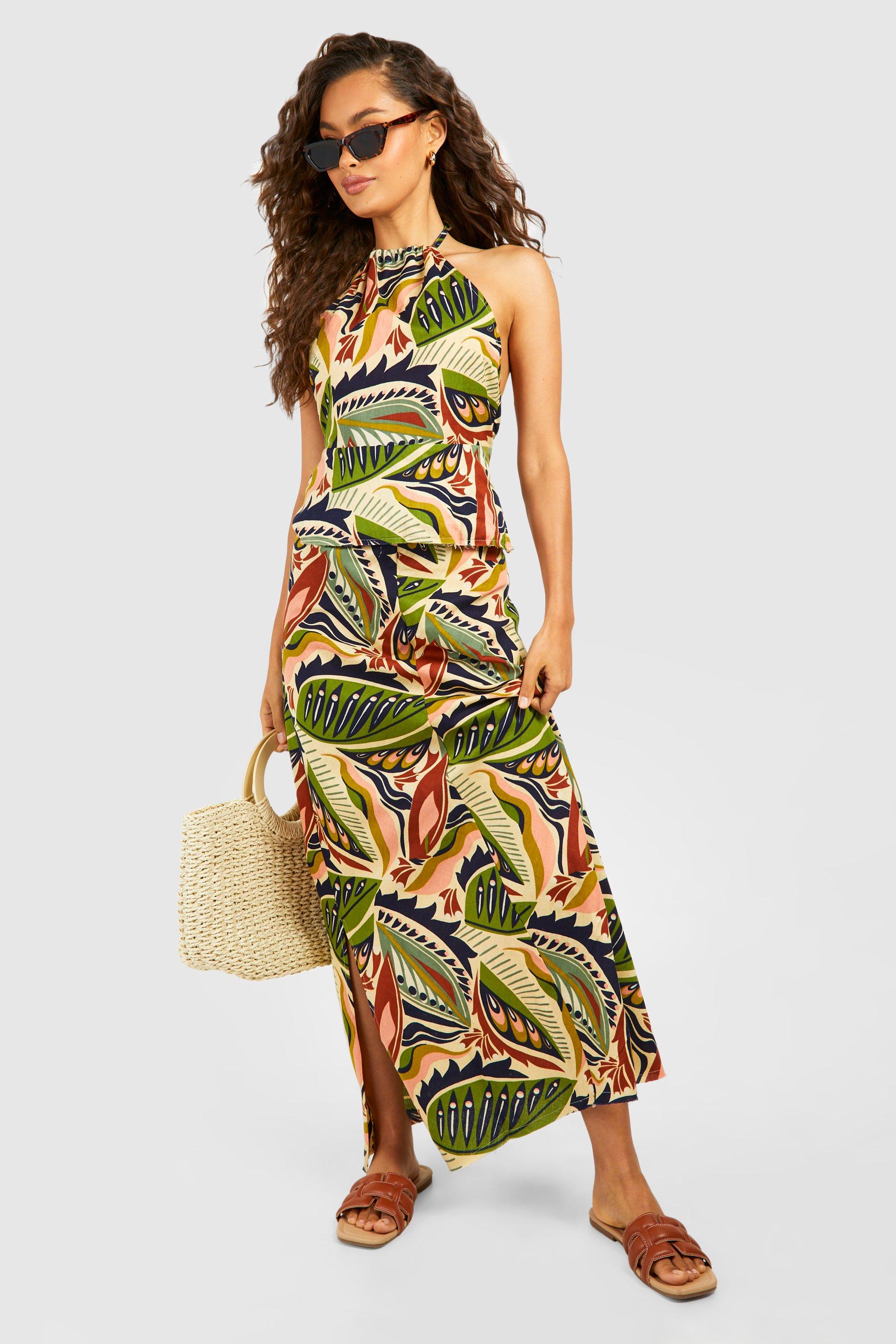 Image of Bohemian Print Linen Look Longline Top & Maxi Skirt, Nero