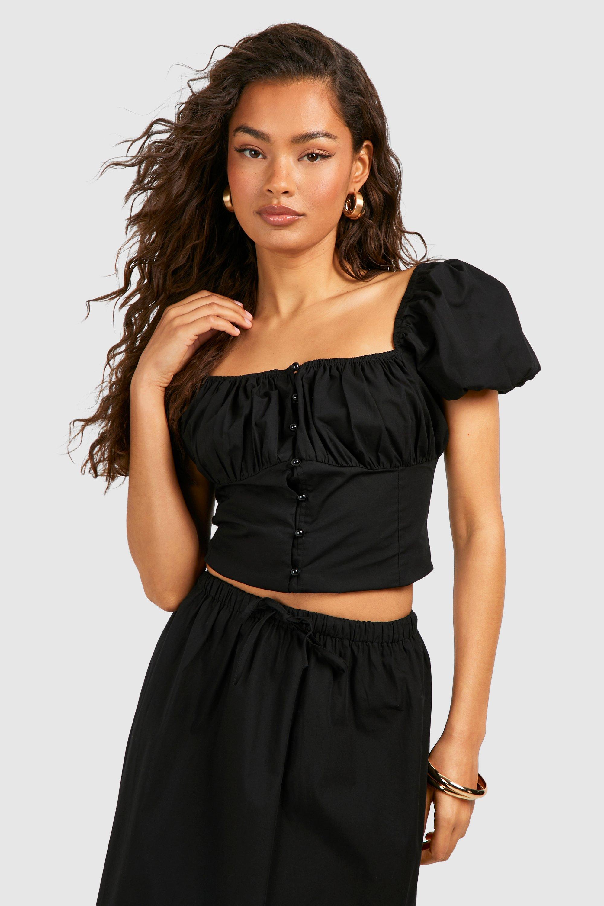 Boohoo Crop Top Met Pofmouwen En Knoop Detail, Black