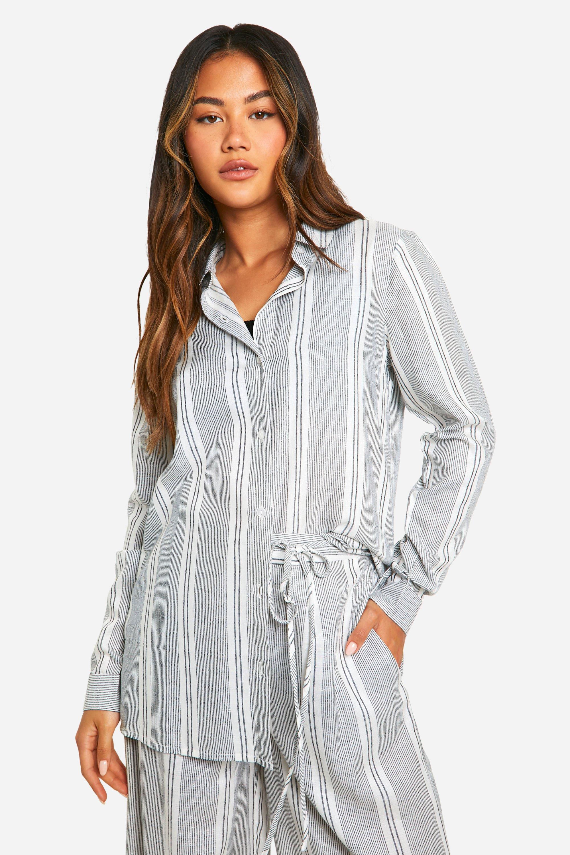 Image of Tonal Stripe Linen Look Relaxed Fit Shirt, Nero