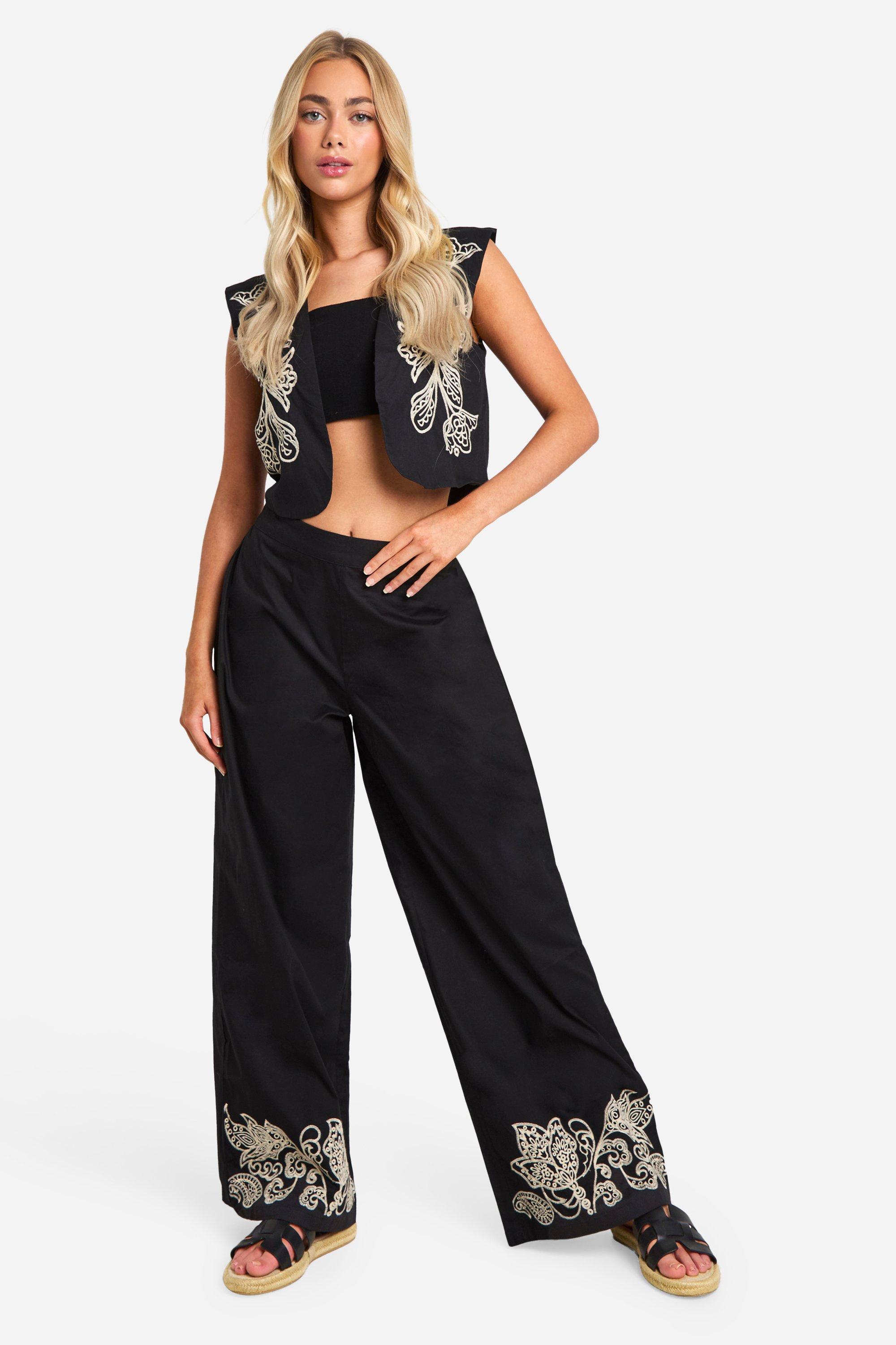 Image of Embroidered Hem Wide Leg Trousers, Nero