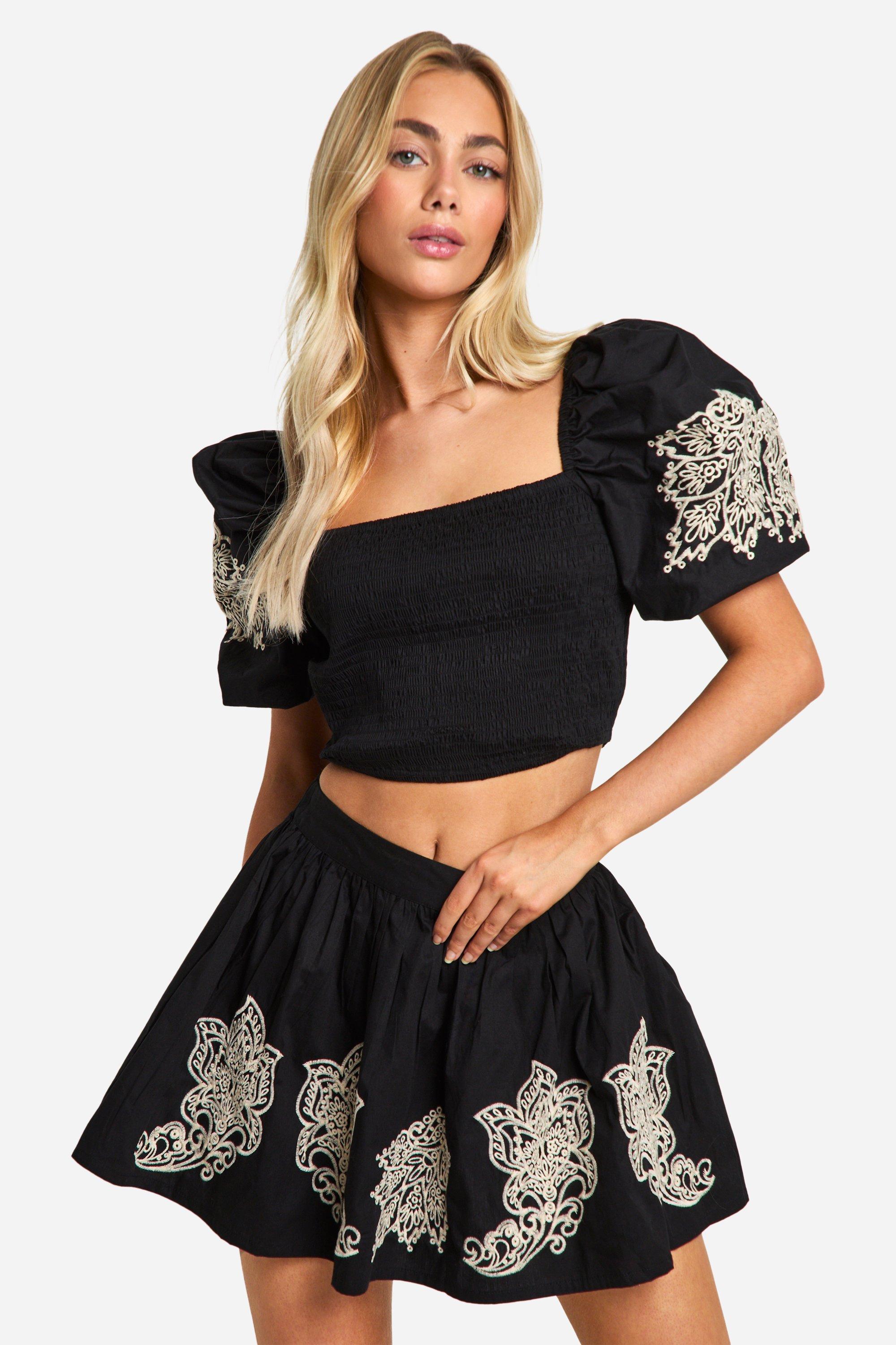Image of Embroidered Full Mini Skirt, Nero