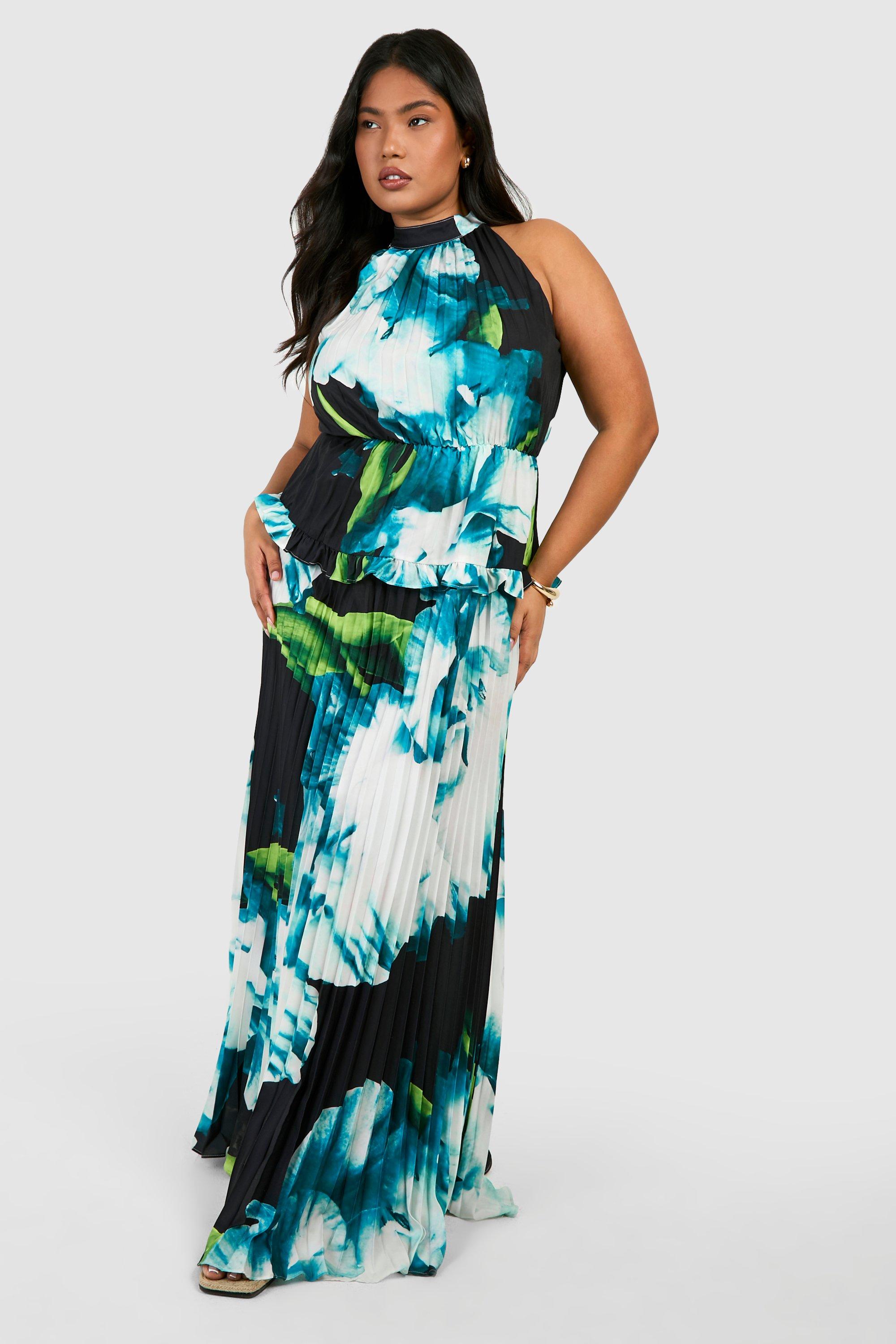 Image of Plus Large Floral Print Frill Plunge Ruffle Maxi Dress, Azzurro