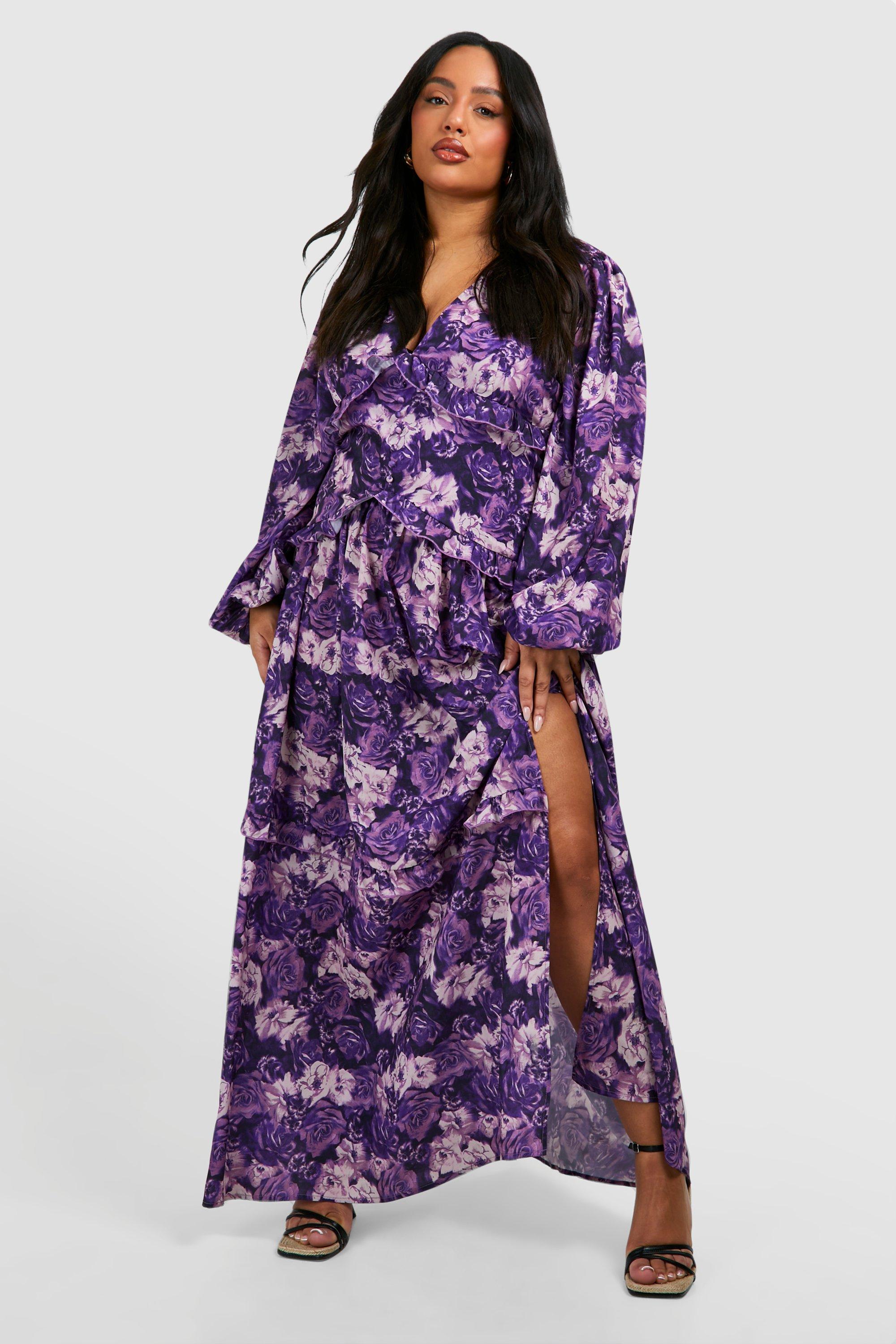 Image of Plus Floral Print Frill Waist Detail Maxi Dress, Purple