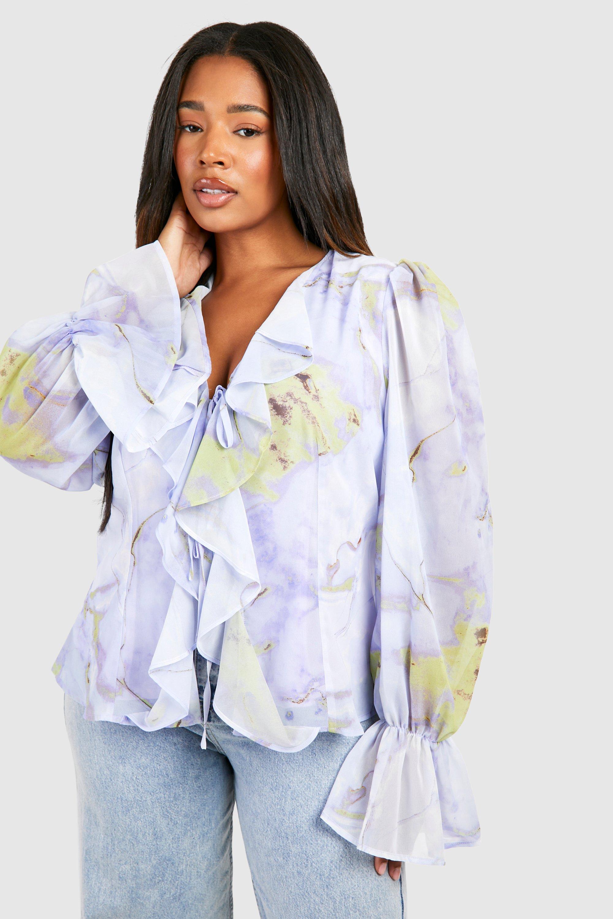 Womens Plus Abstract Print Ruffle Tie Front Boho Top - Purple - 26, Purple