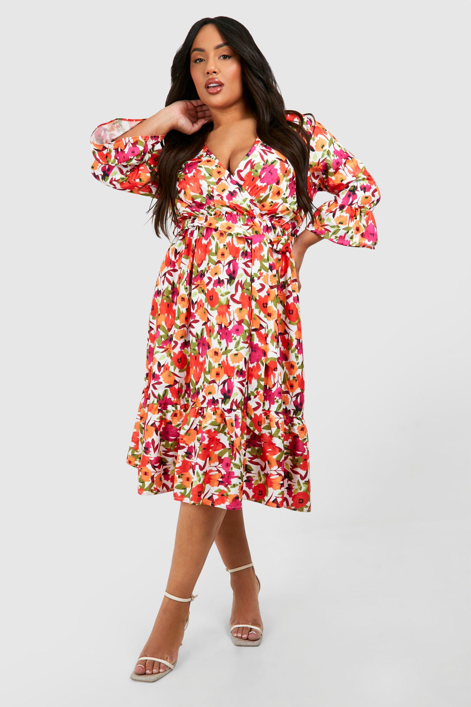 Image of Plus Floral Print Ruffle Hem Spotty Wrap Dress, Multi