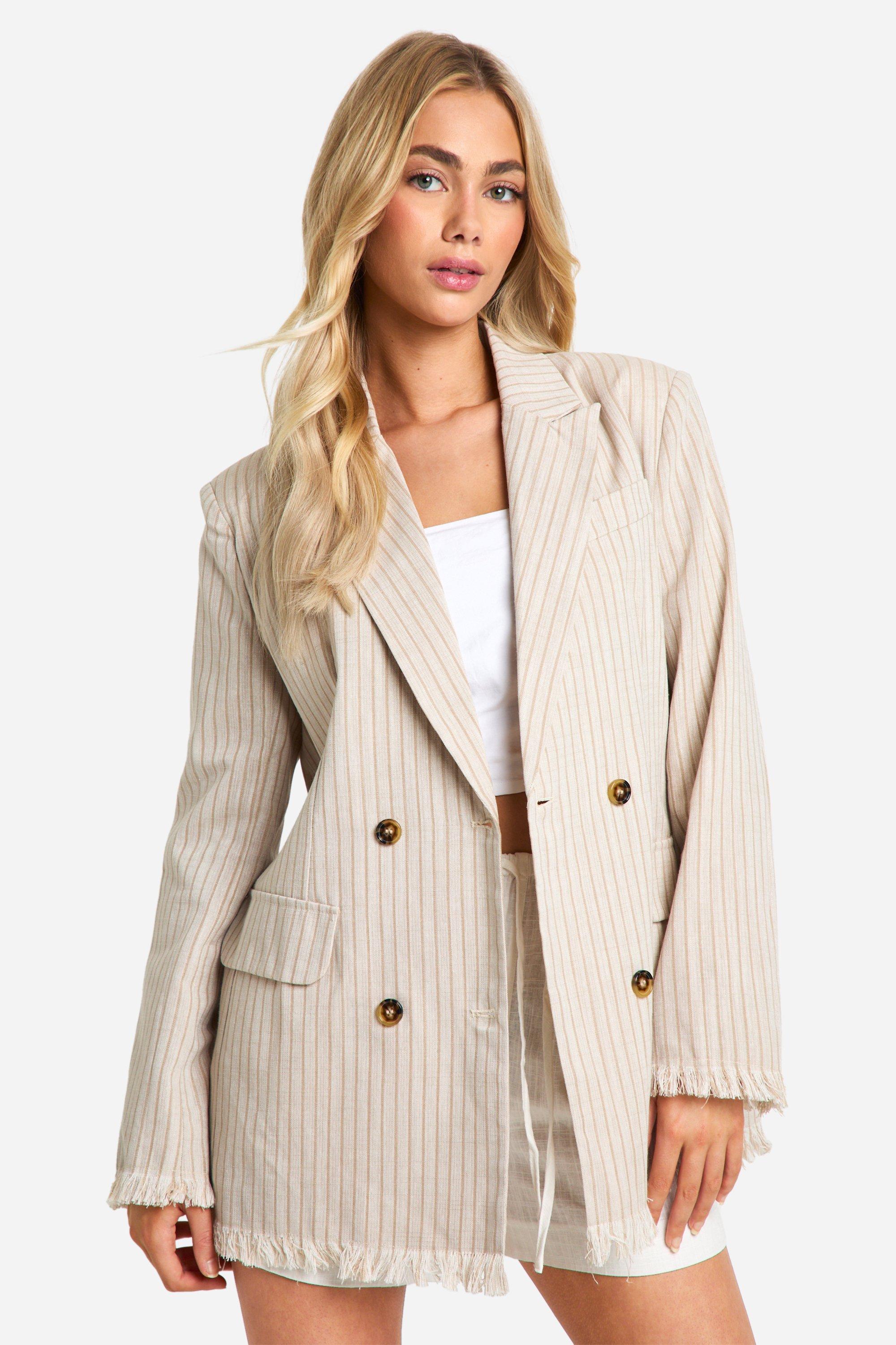 Image of Linen Look Frayed Hem Relaxed Fit Blazer, Beige