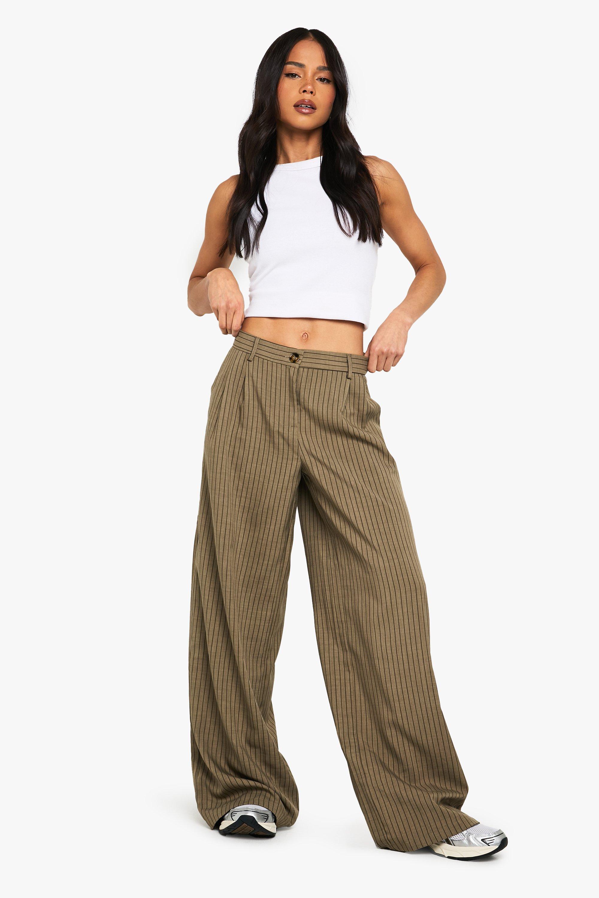 Image of Pantaloni a gamba ampia a righe verticali con trama, Beige