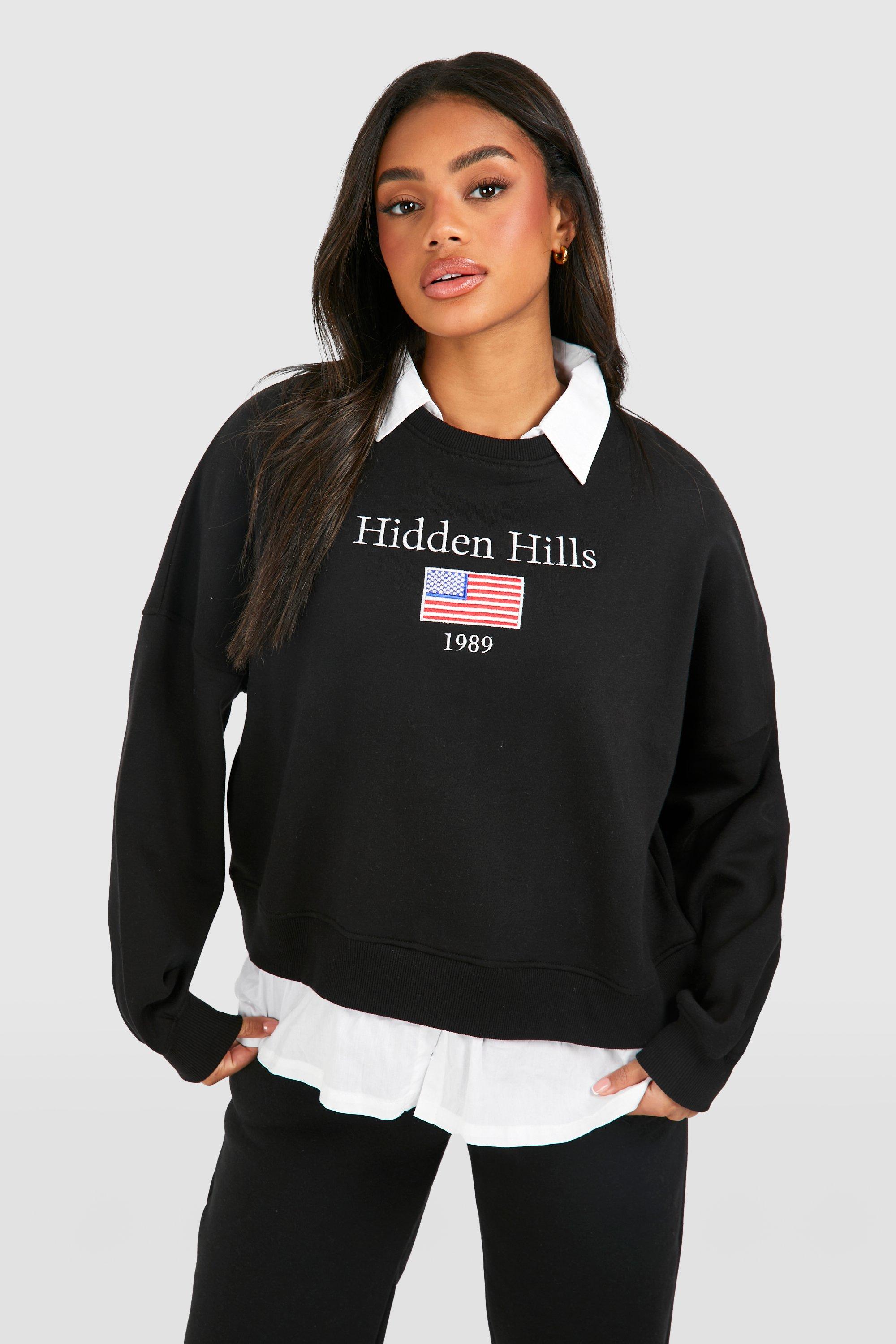 Image of Hidden Hills Slogan Poplin Insert Oversized Sweatshirt, Nero
