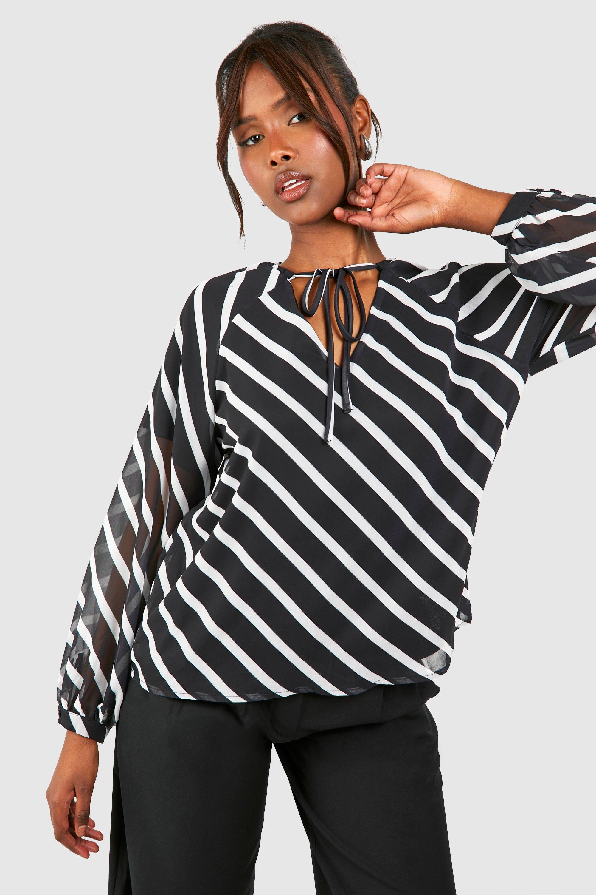 Image of Chiffon Stripe Long Sleeve Blouse, Multi