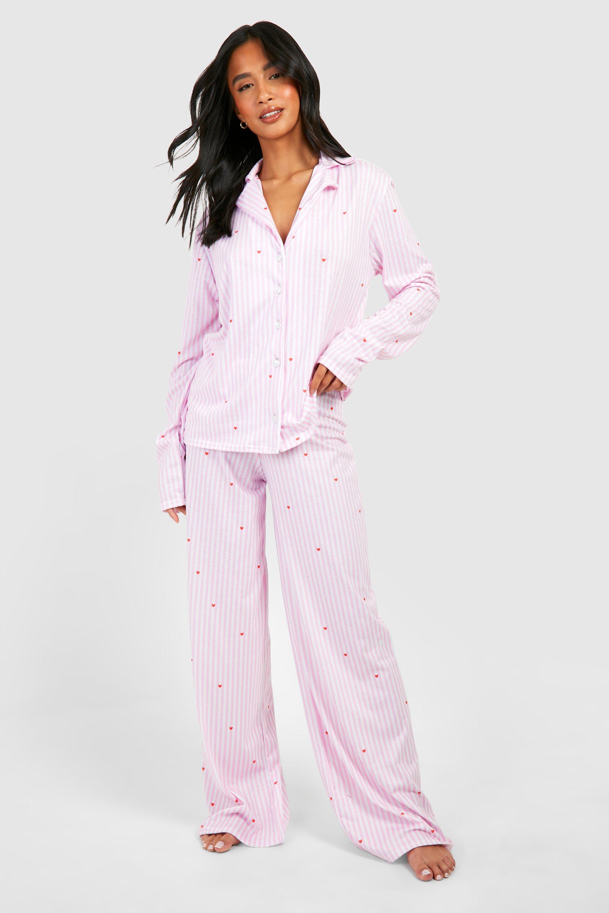 Womens Petite Love Heart Pinstripe Pyjama Set - Pink - 8, Pink