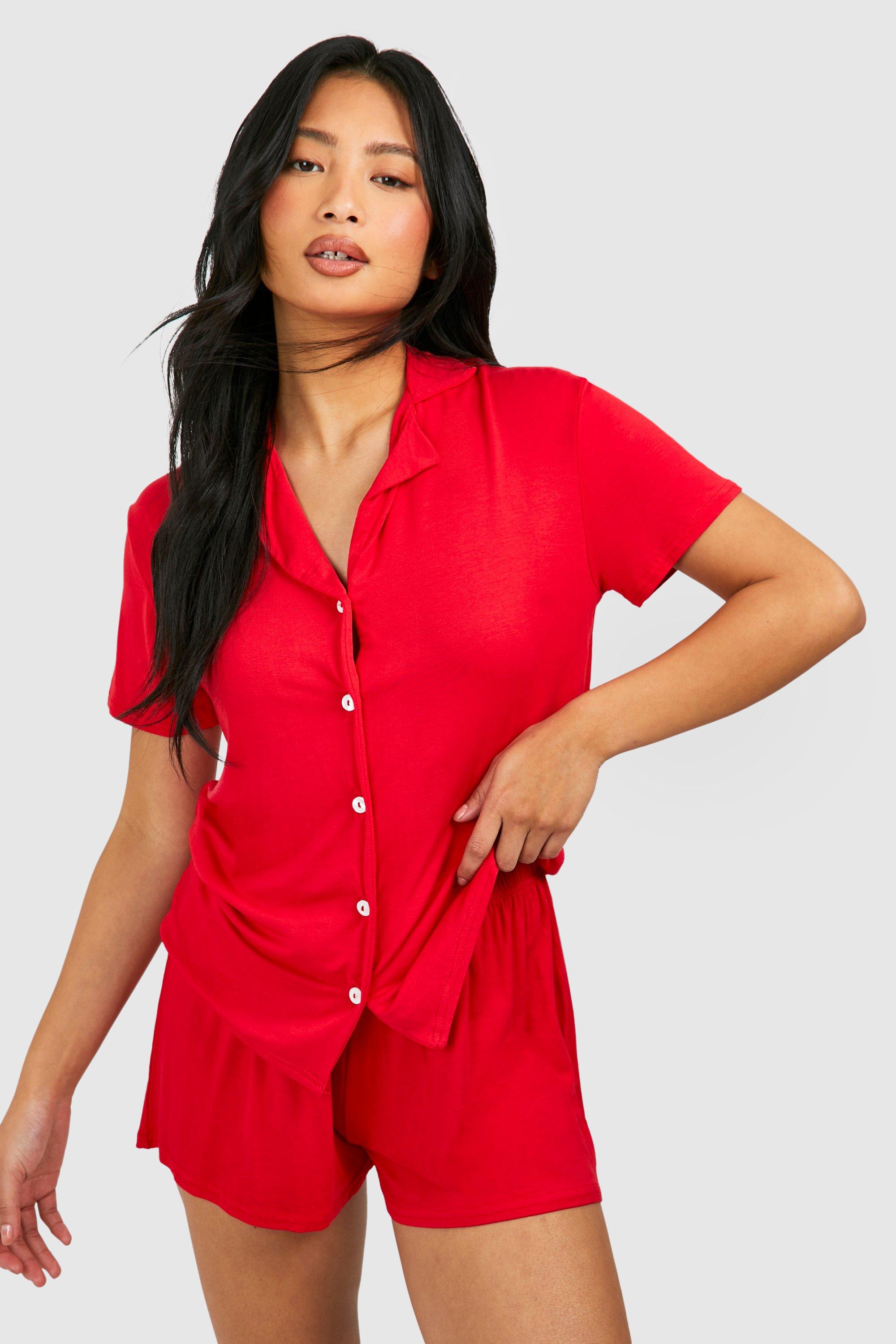 Womens Petite Short Sleeve Pyjama Set - Red - 10, Red