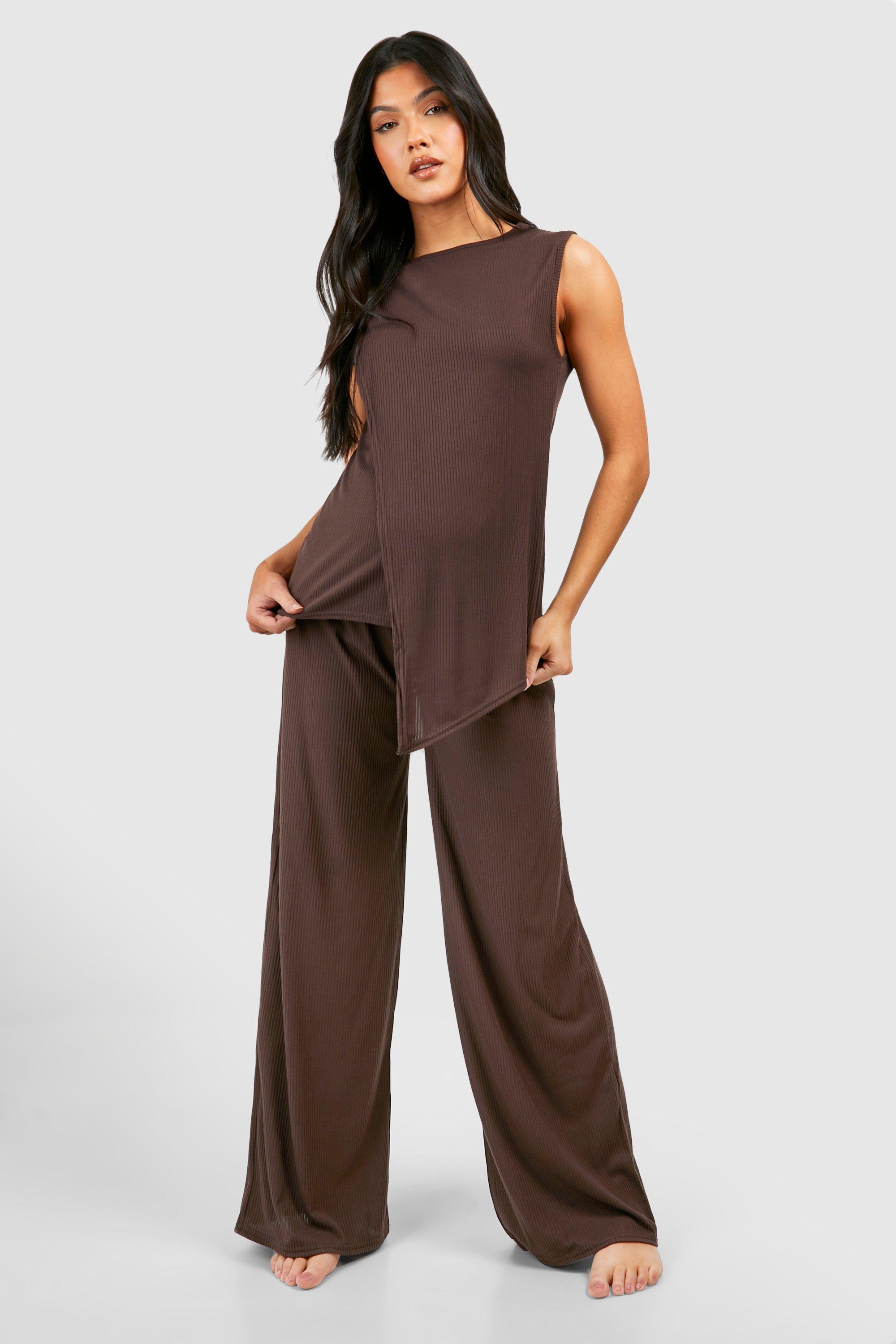 Womens Maternity Soft Rib Wrap Over Wide Leg Trouser Lounge Set - Brown - 10, Brown