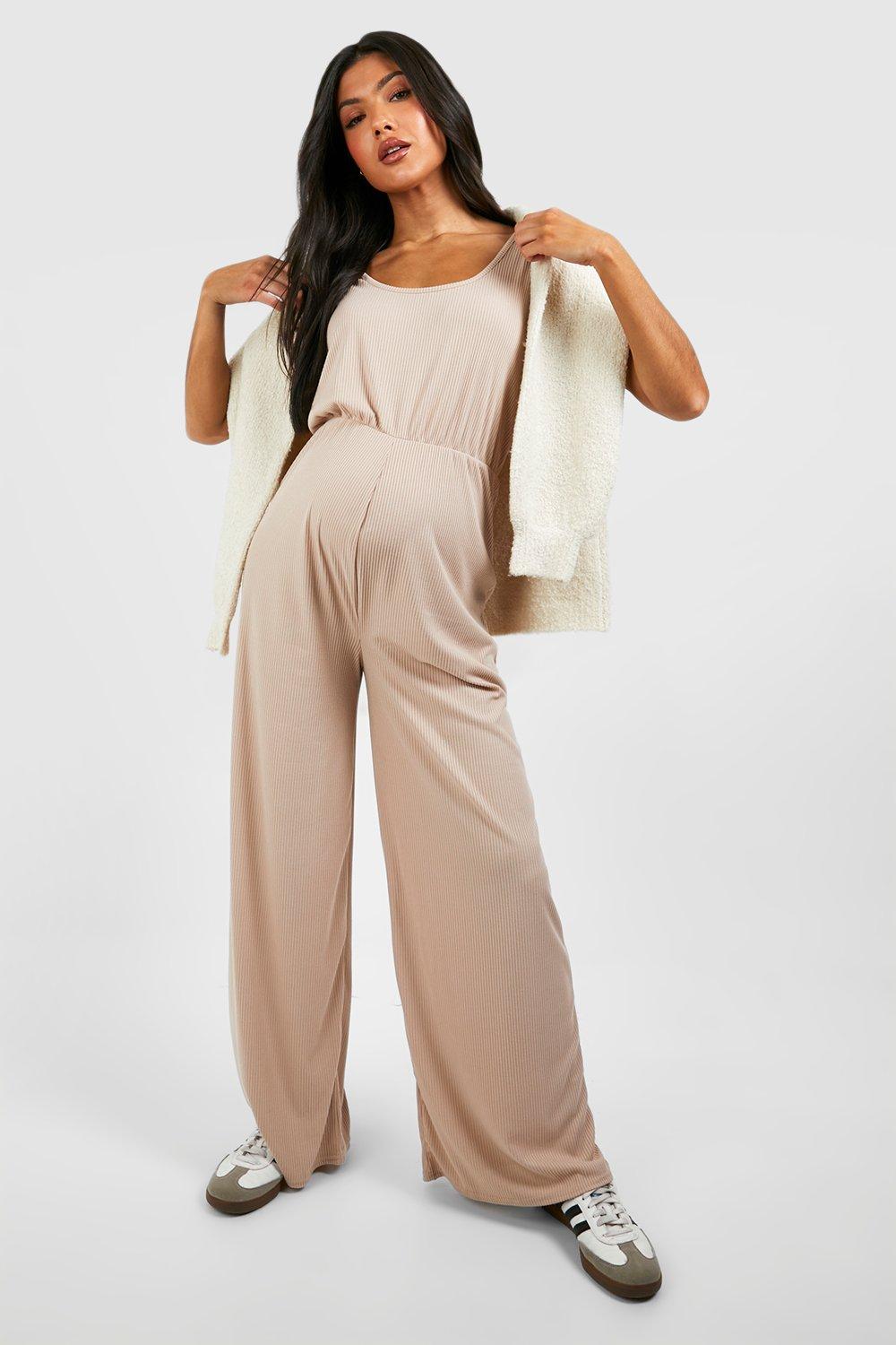 Image of Maternity Soft Rib Slouchy Sleevless Jumpsuit, Beige
