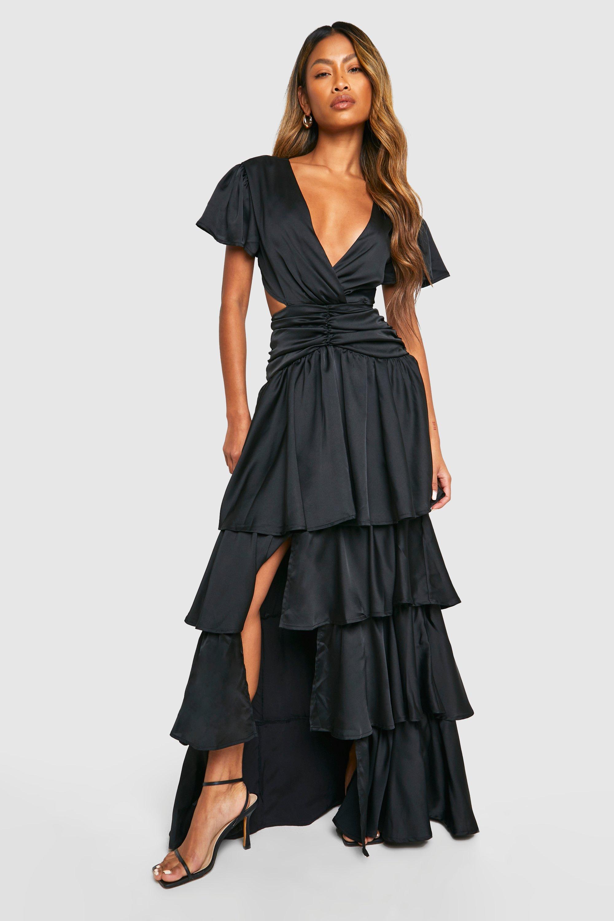 Boohoo Ruffle Tiered Cut Out Maxi Dress, Black