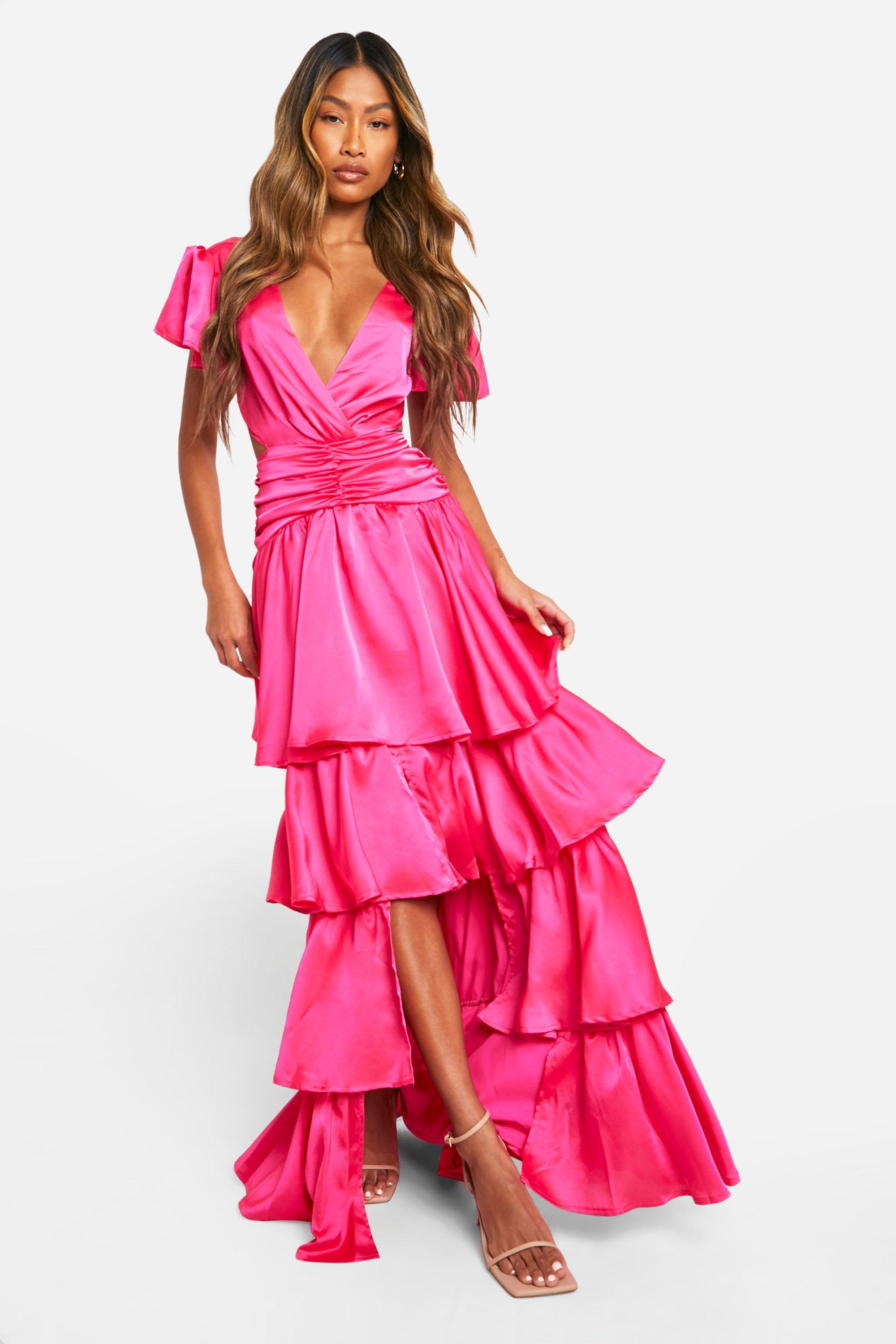 Boohoo Ruffle Tiered Cut Out Maxi Dress, Hot Pink