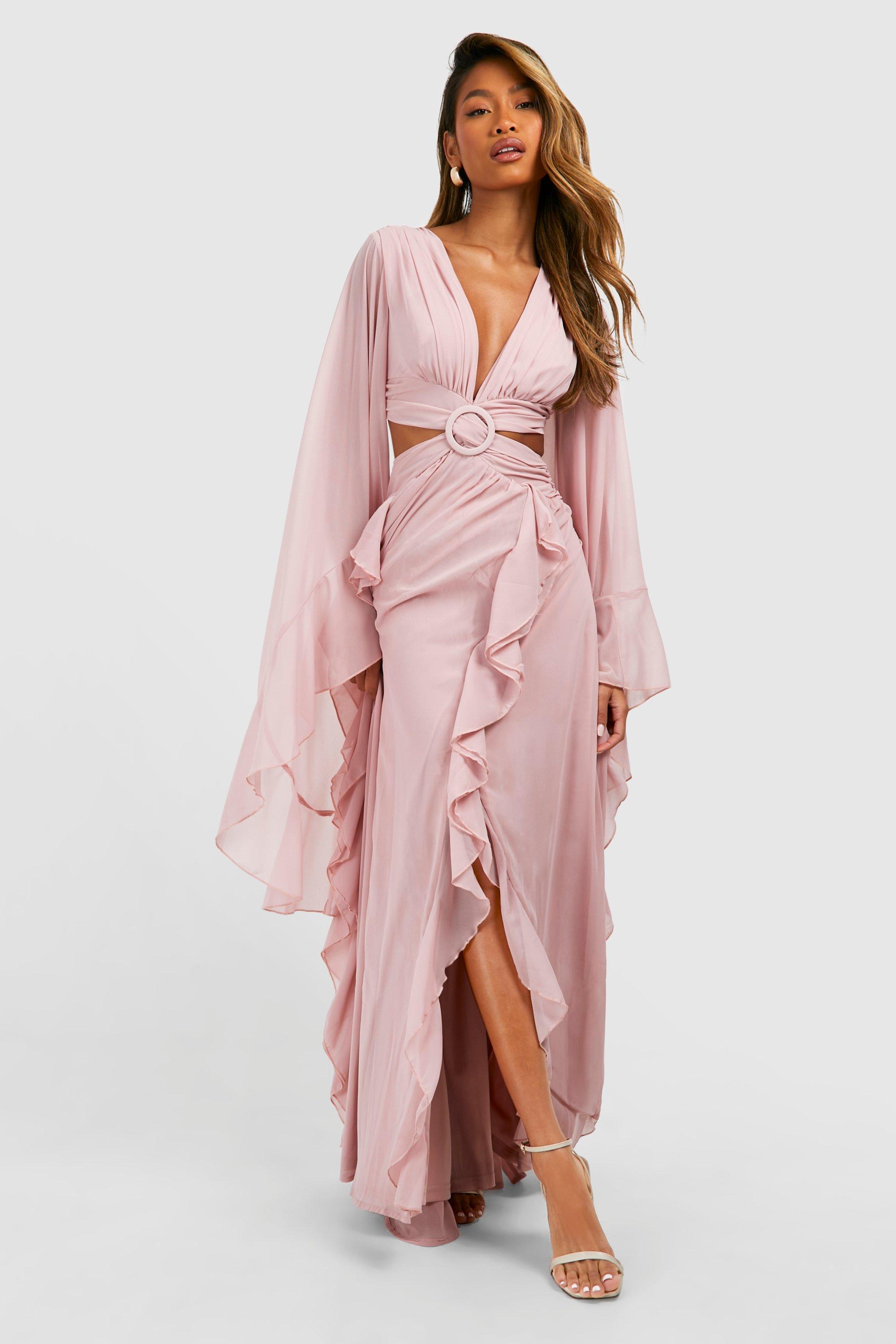 Chiffon Flare Sleeve Cut Out Maxi Dress - Pink - 16